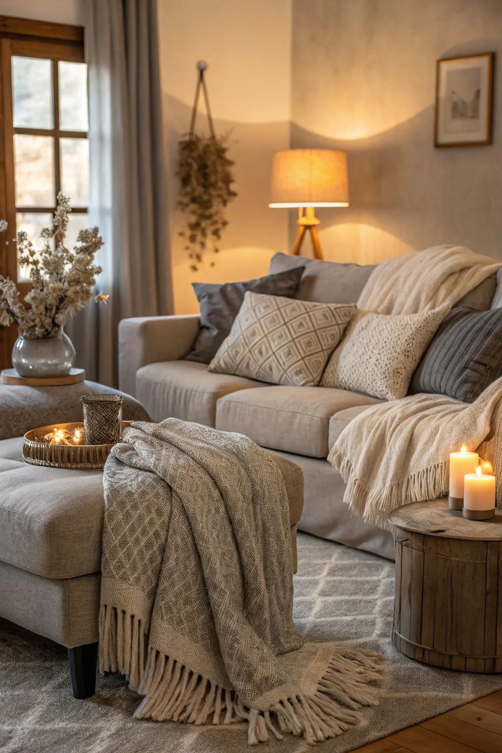 Soft fabrics enhance the warmth and coziness of the living room.