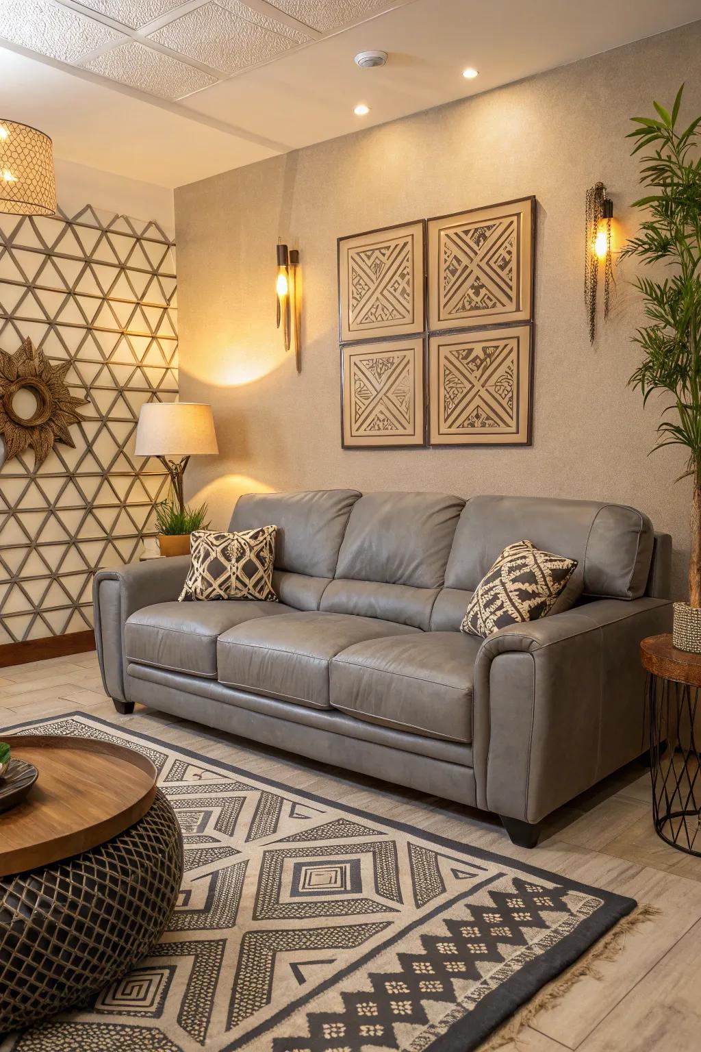 Diagram patterns adding a modern edge to a stylish living room.