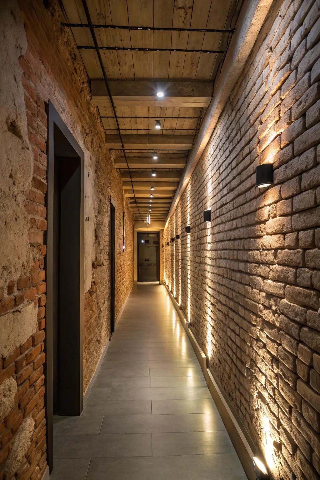 Accent lighting emphasizes the textures in hallway decor.