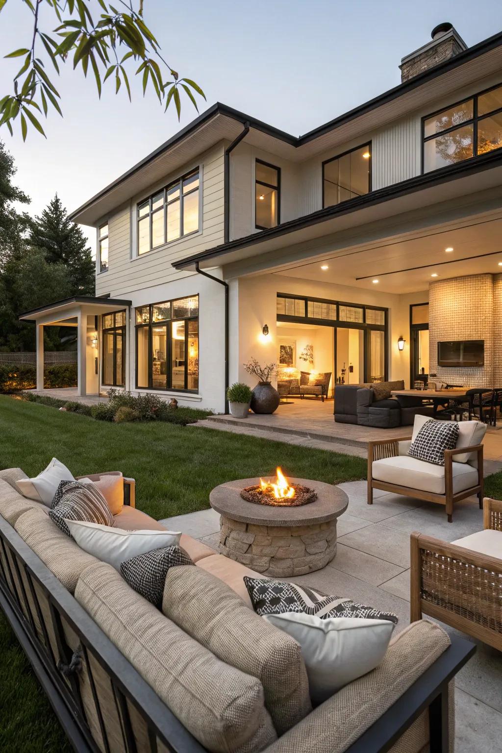 A modern home with a spacious and inviting outdoor living area.