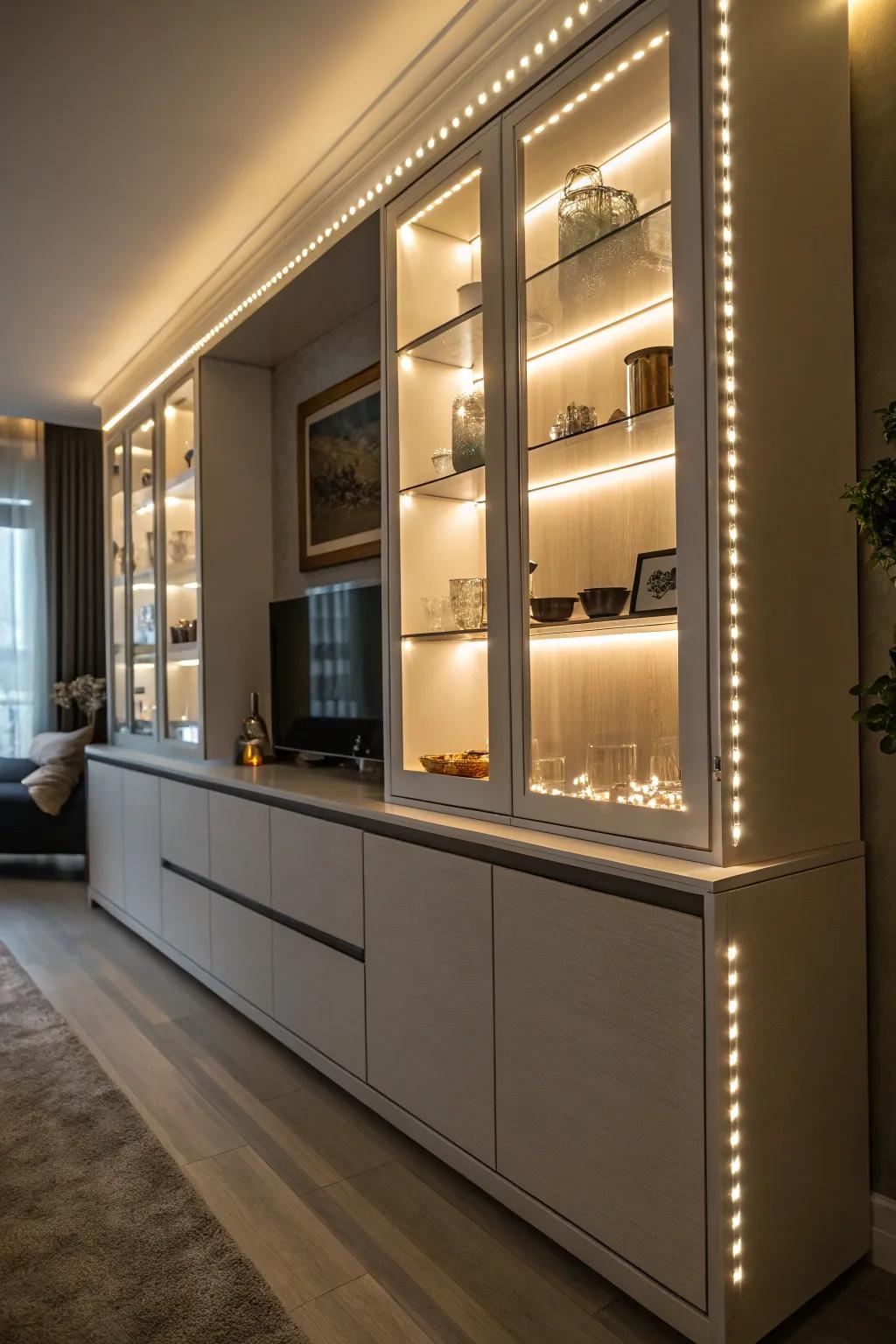 Inventive lighting enhances the presentation of the hutch’s layout.
