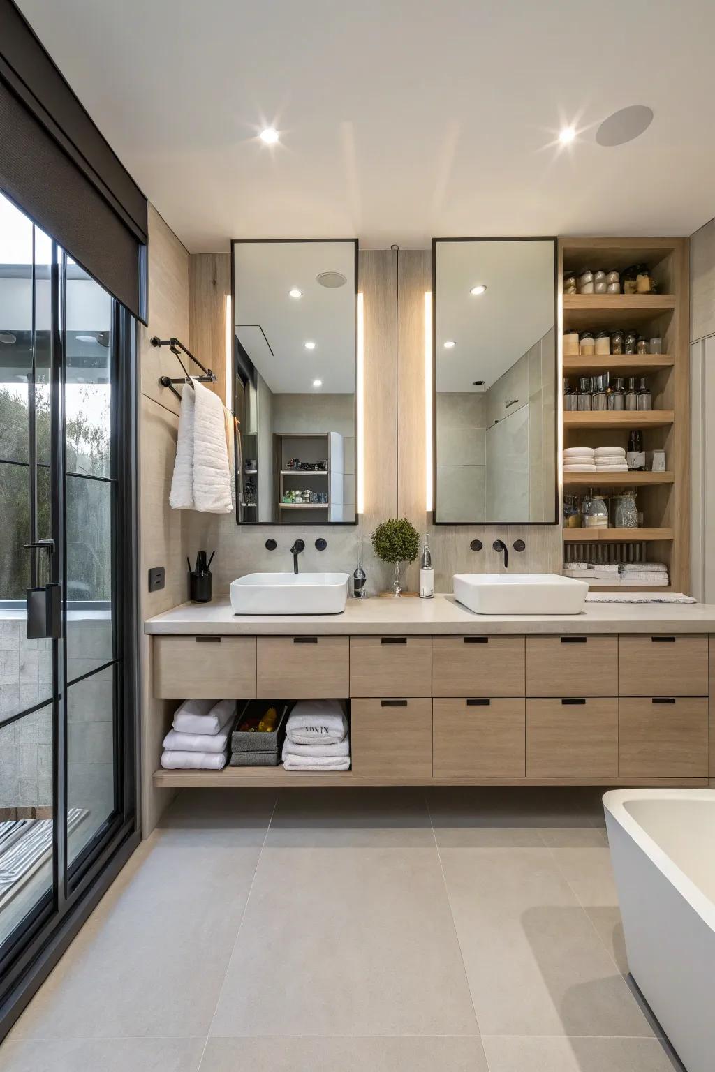 Integrated storage keeps the bathroom organized and stylish.