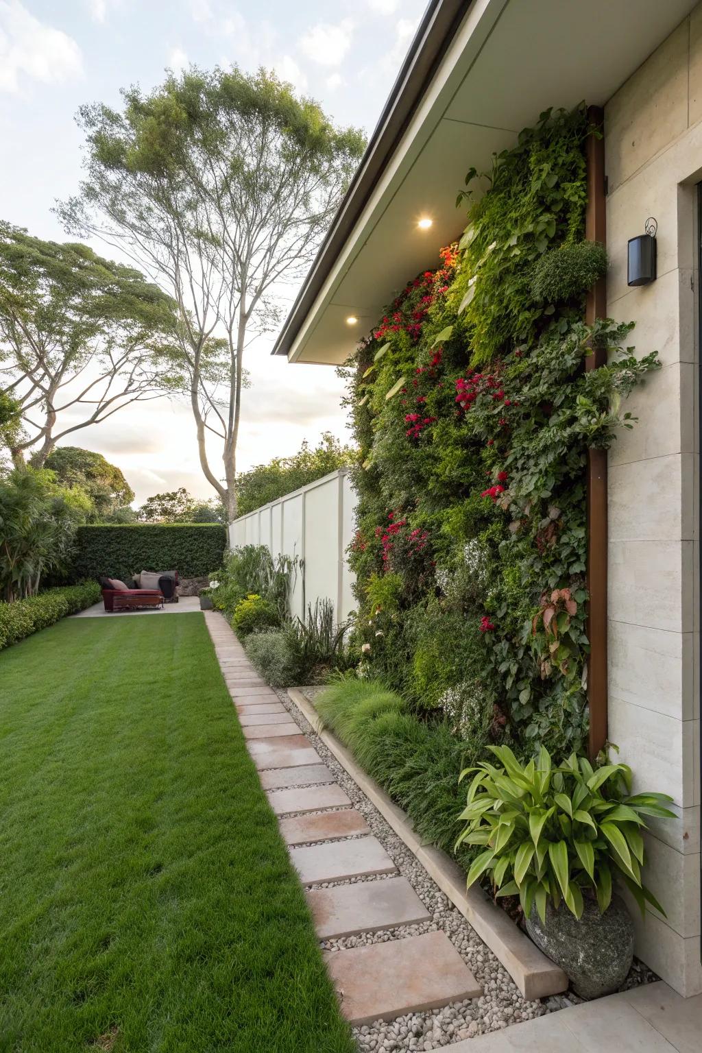 A vertical garden providing greenery in a space-efficient manner in a contemporary front yard.