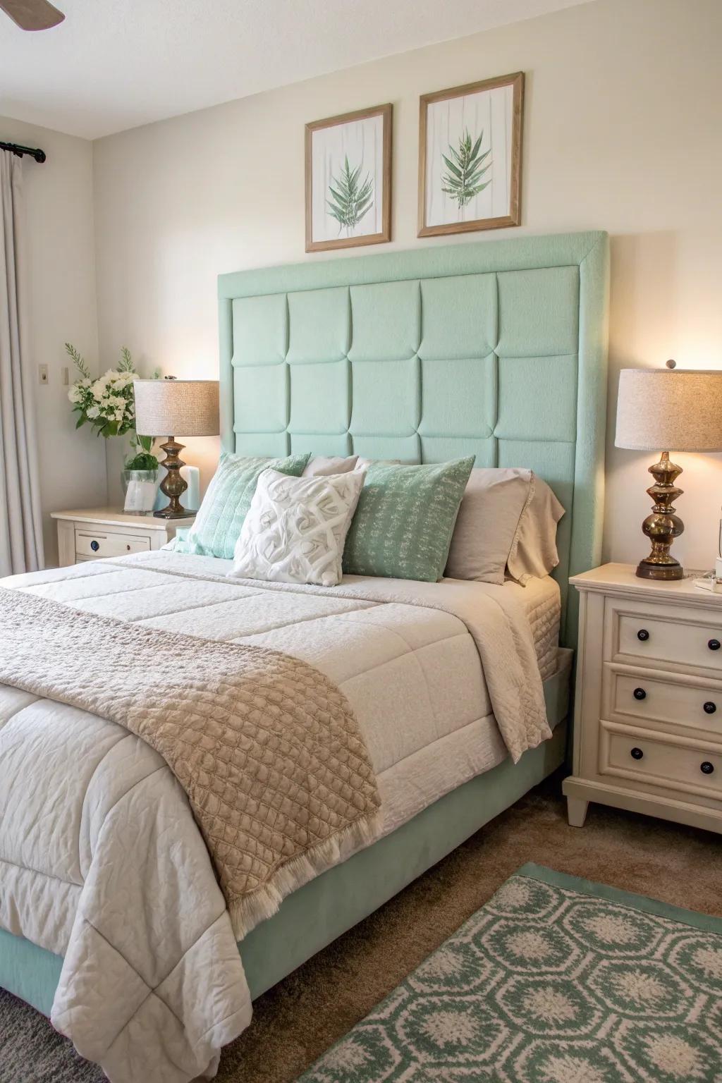 A striking mint green headboard in a modern bedroom.