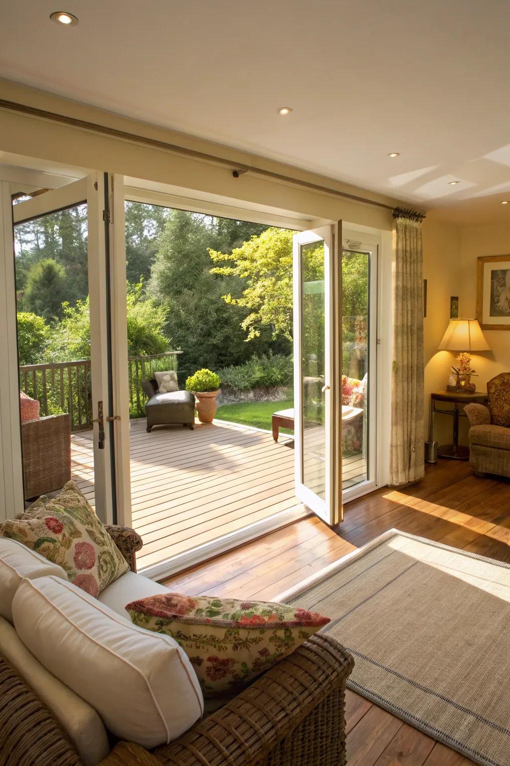 Folding entrances creating seamless integration between indoor and outdoor spaces.