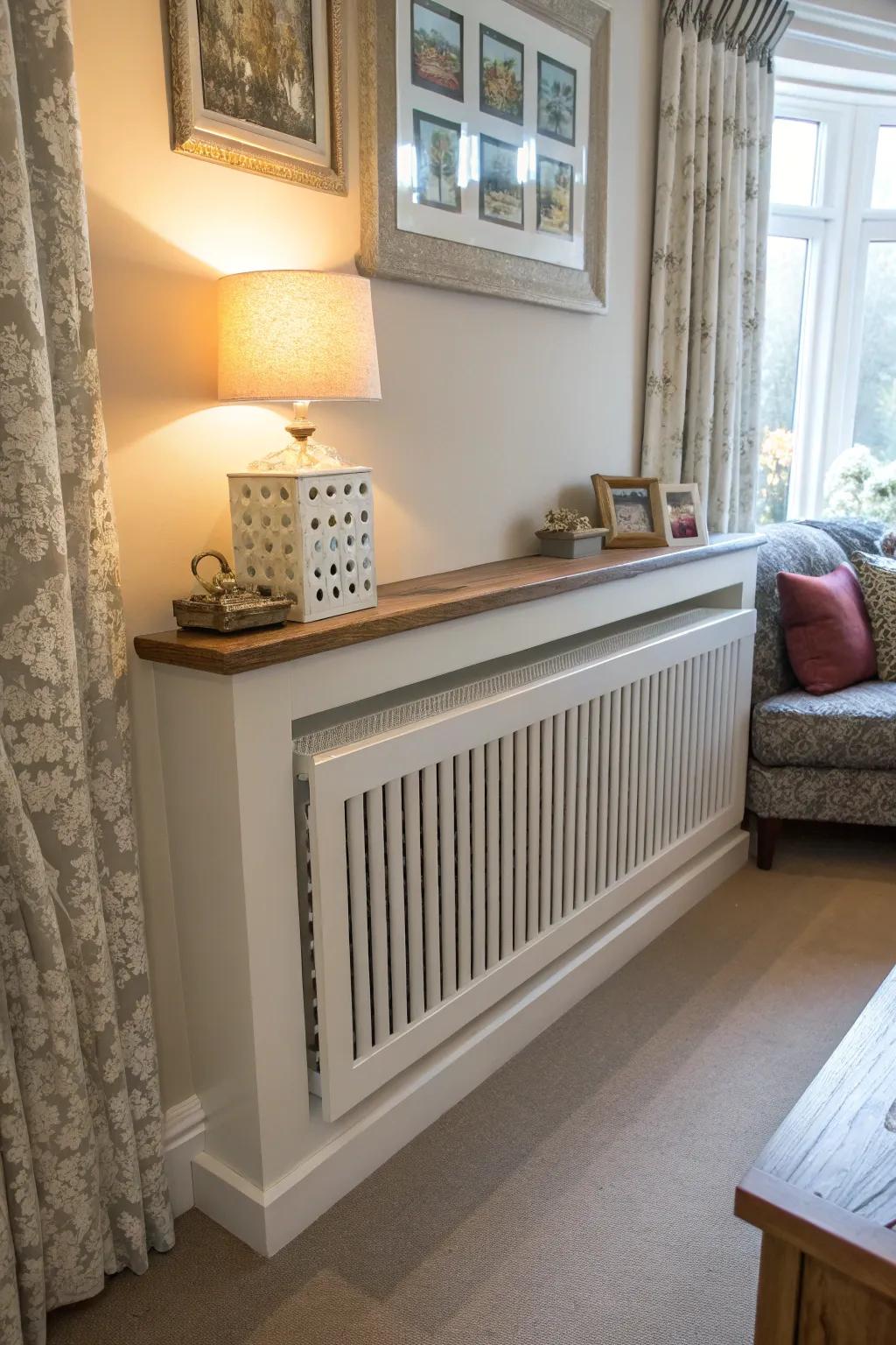 A radiator cover creating the illusion of a floating shelf.