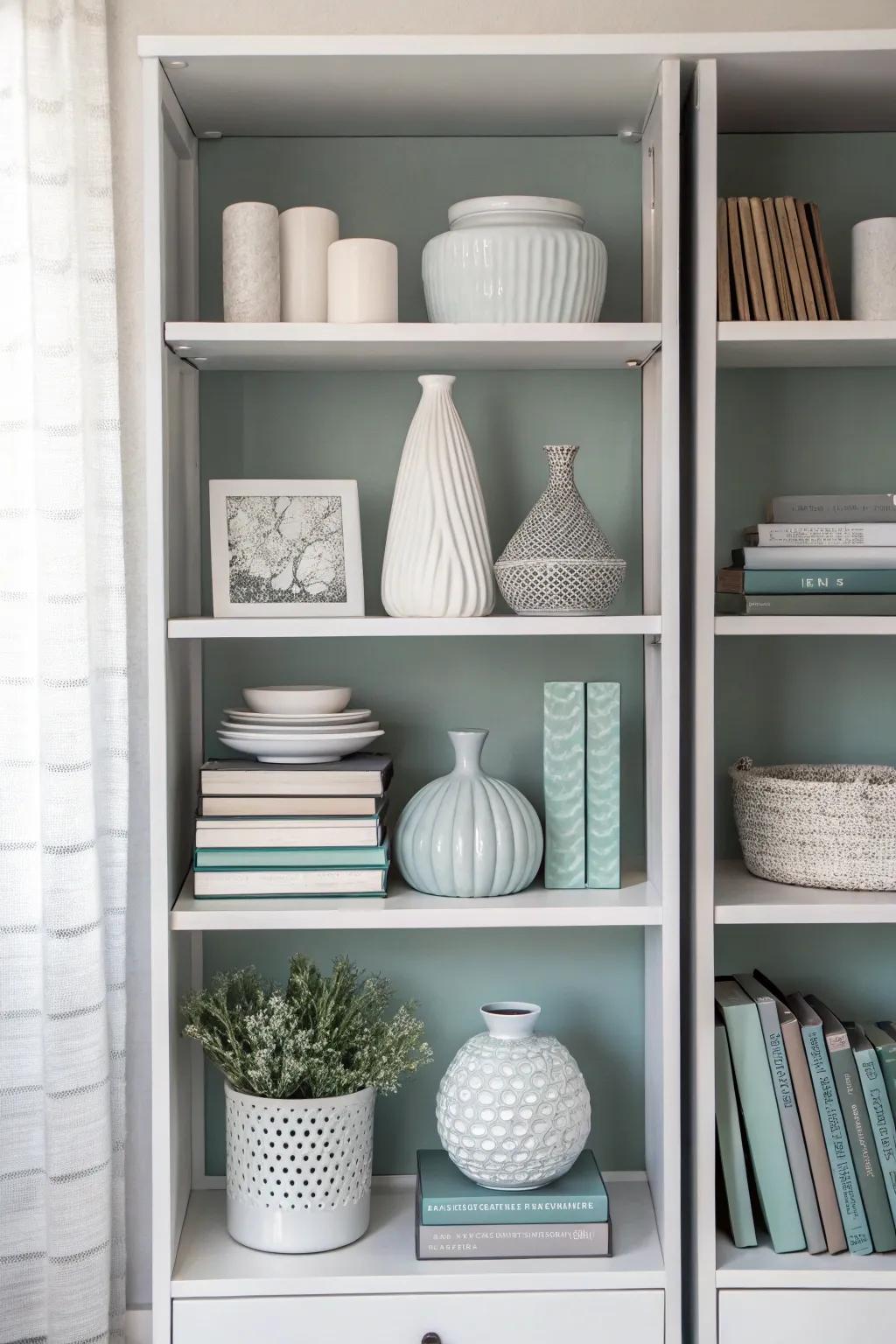 Achieve sleek style with a harmonious shelf decor.