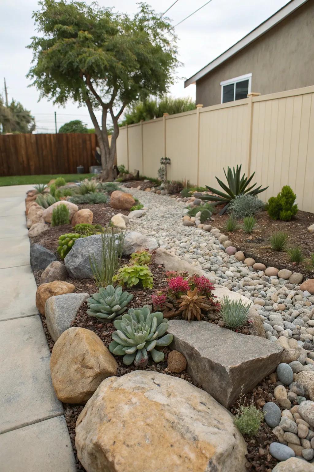 A rock garden offers modern aesthetics and low maintenance.