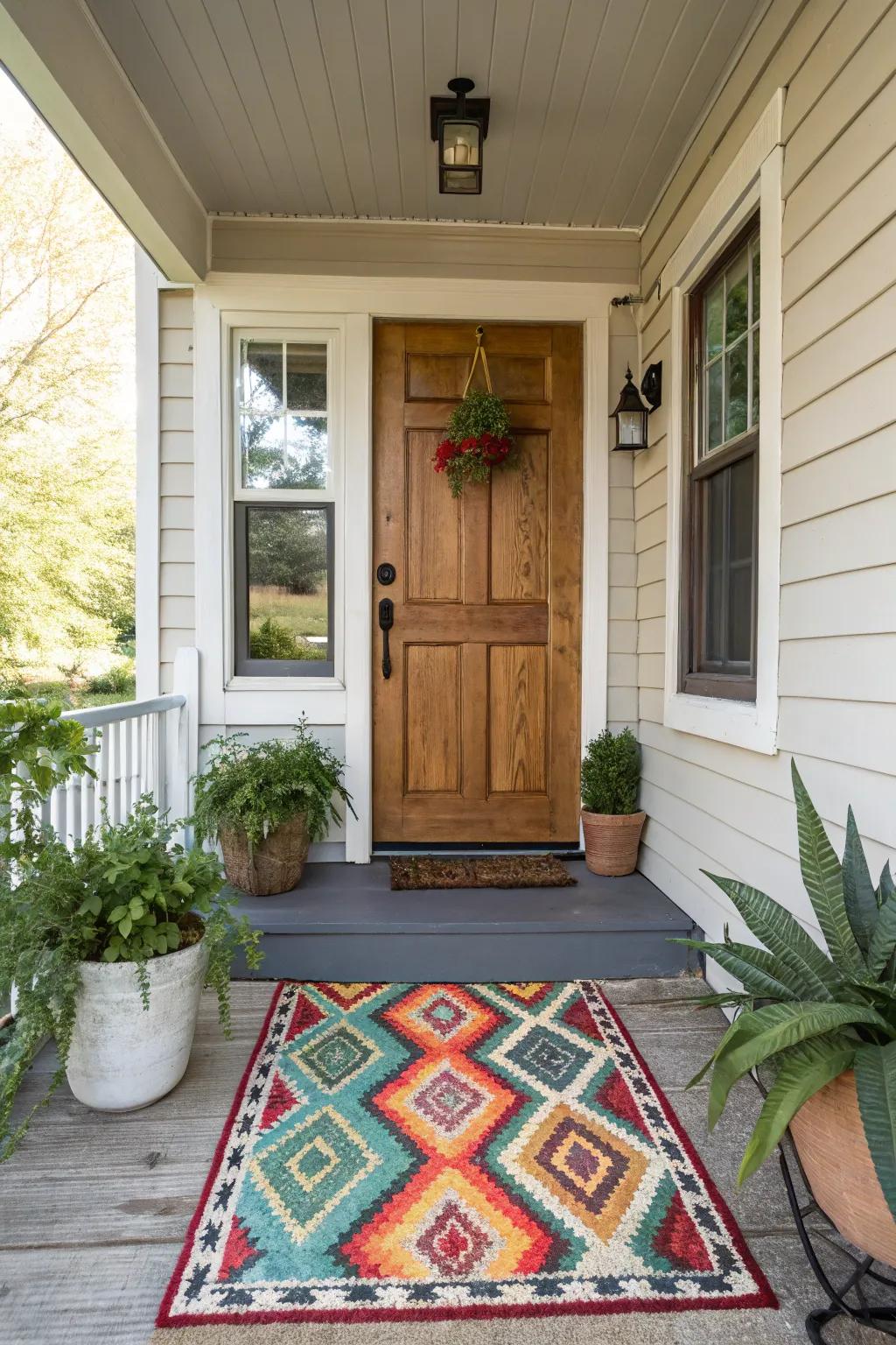 A petite front porch enhanced by a striking and fashionable outdoor rug.