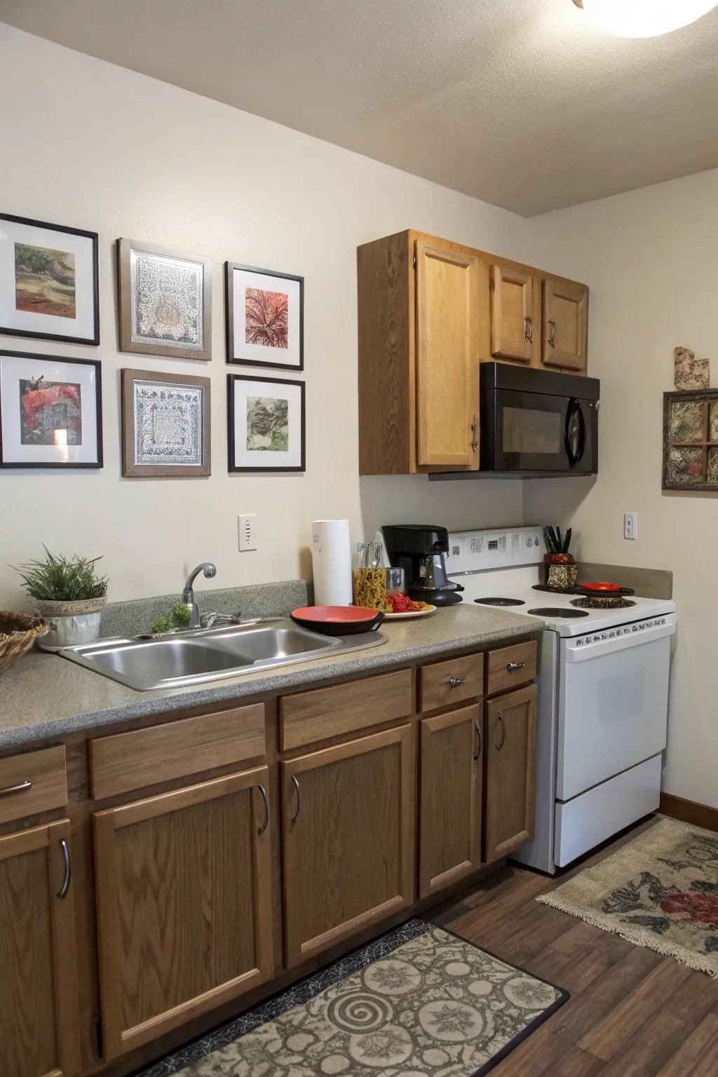 In a tiny kitchen, shorter cabinets provide a more airy atmosphere.