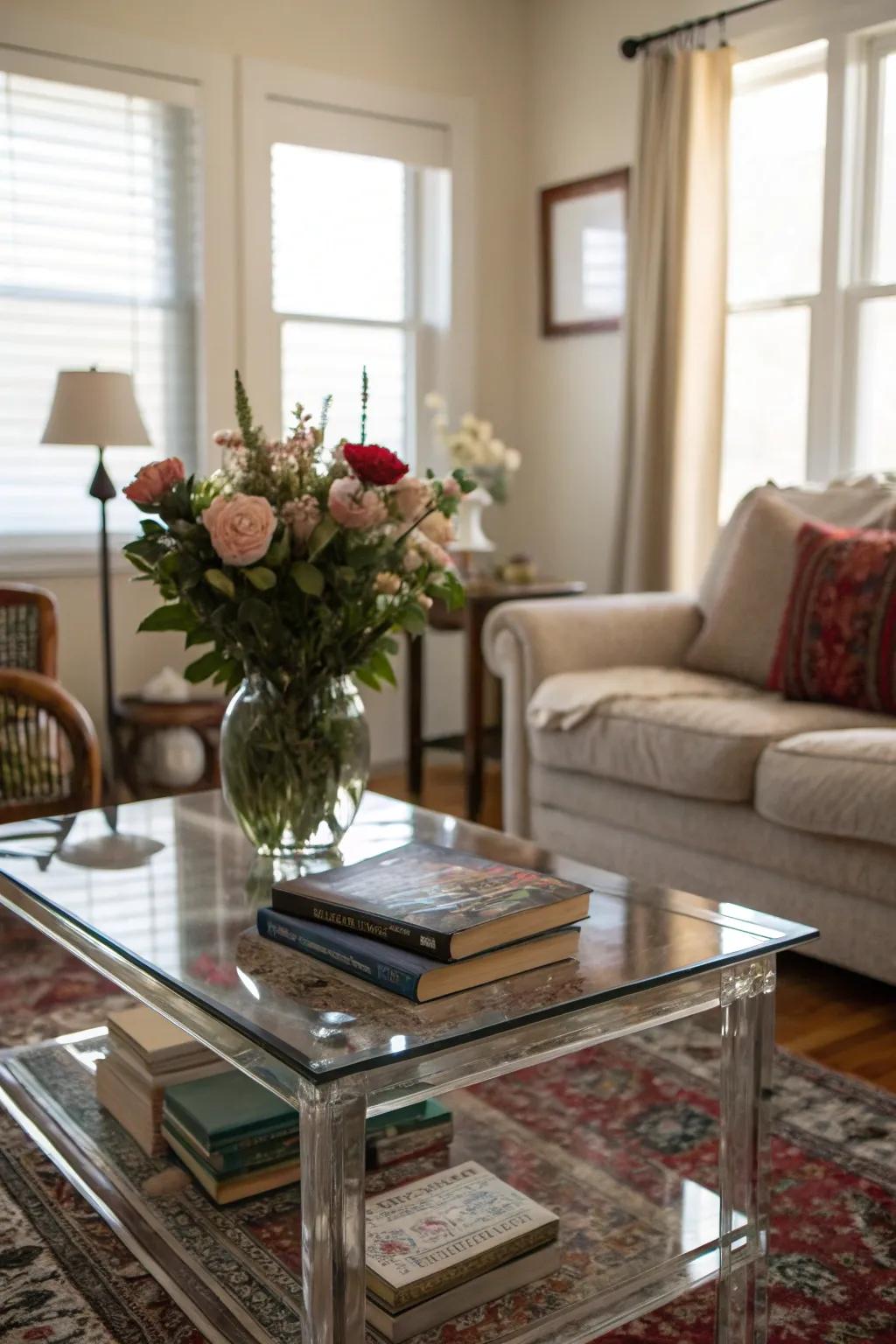 A small living space showcasing a see-through glass-made occasional table.