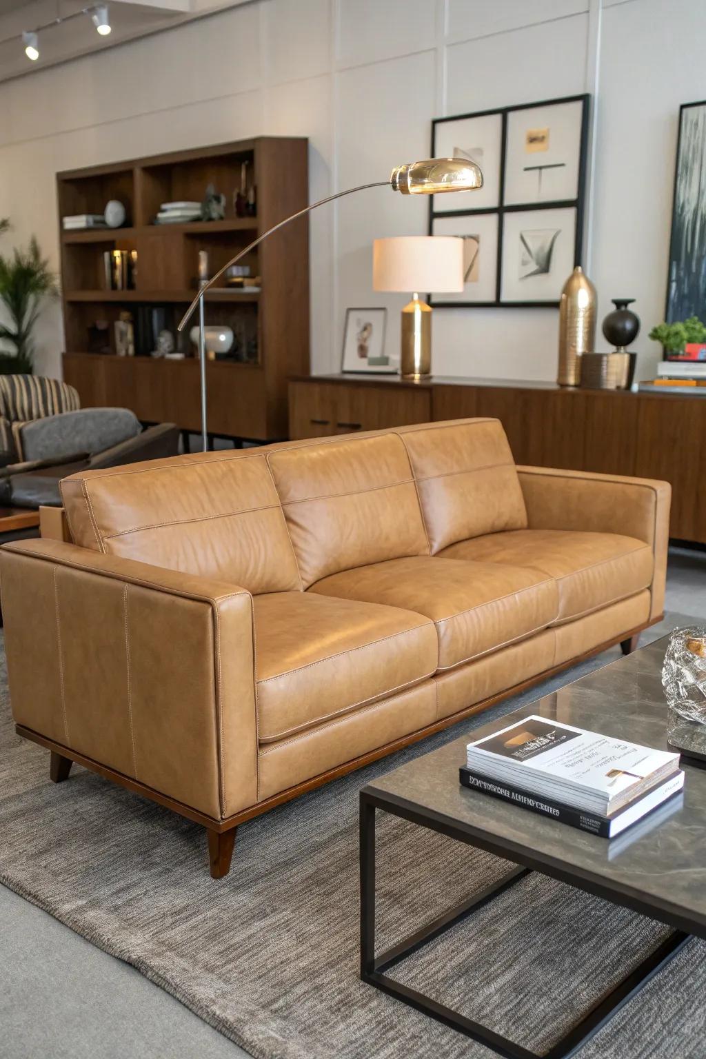 Century-old modern pieces enhance a tawny hide couch.