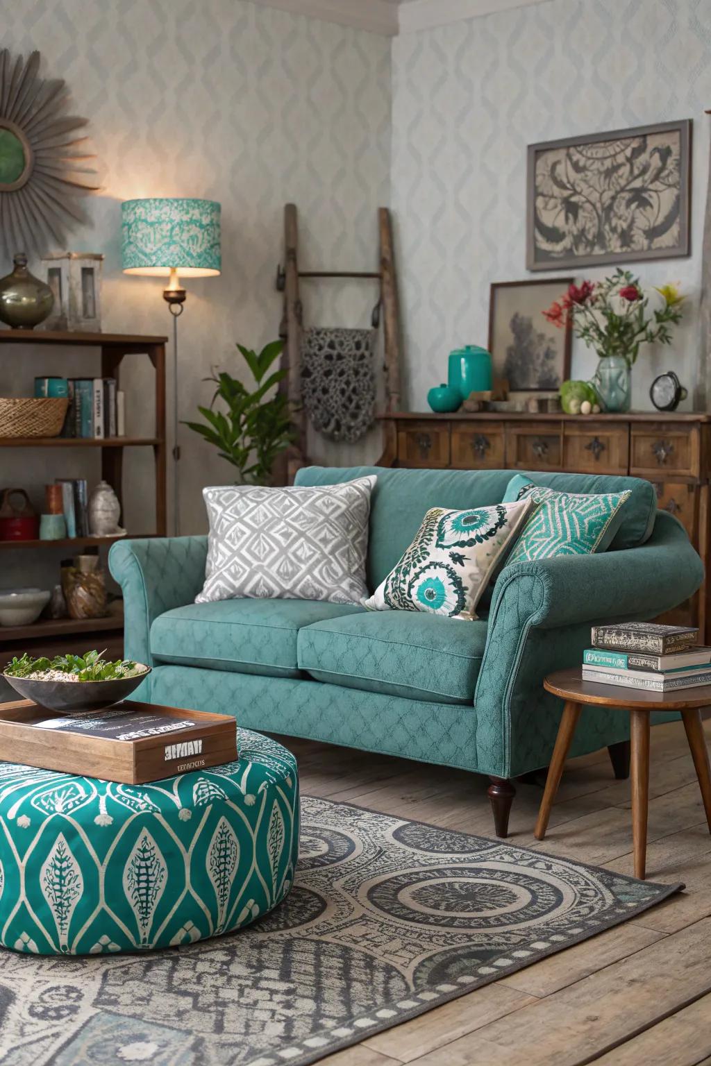 Eclectic patterns and textures bring vibrancy to a sea-green and gray room.