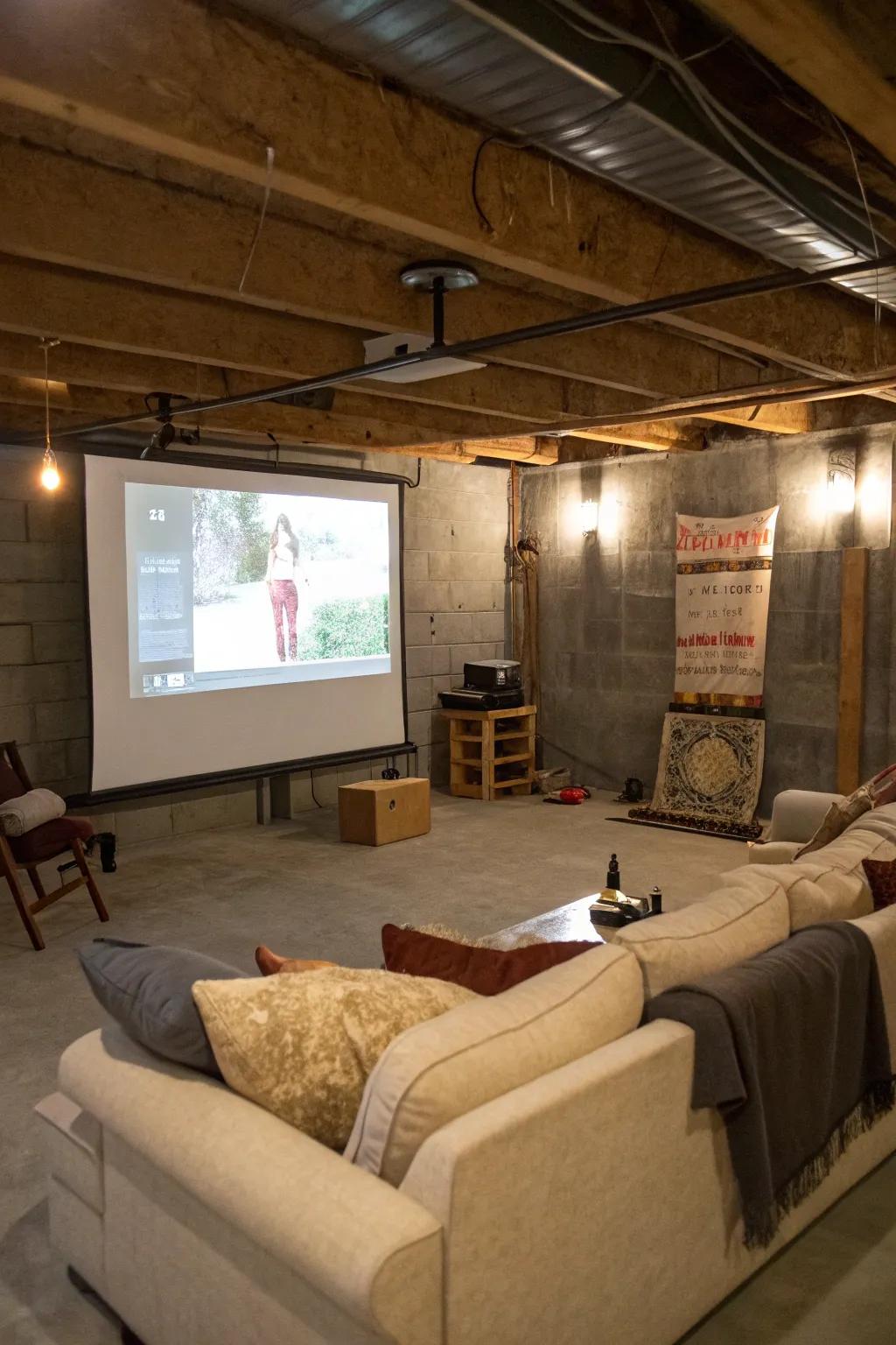 A projector transforms the basement into a cozy cinema.