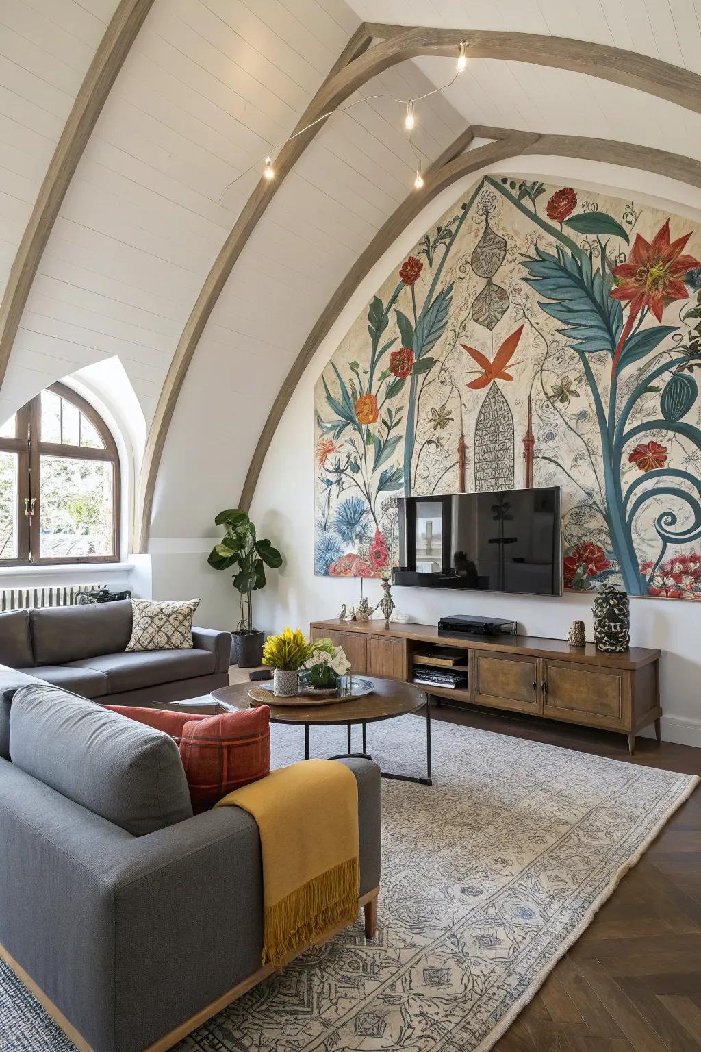 Artistic elements like murals add a unique touch to this vaulted ceiling room.