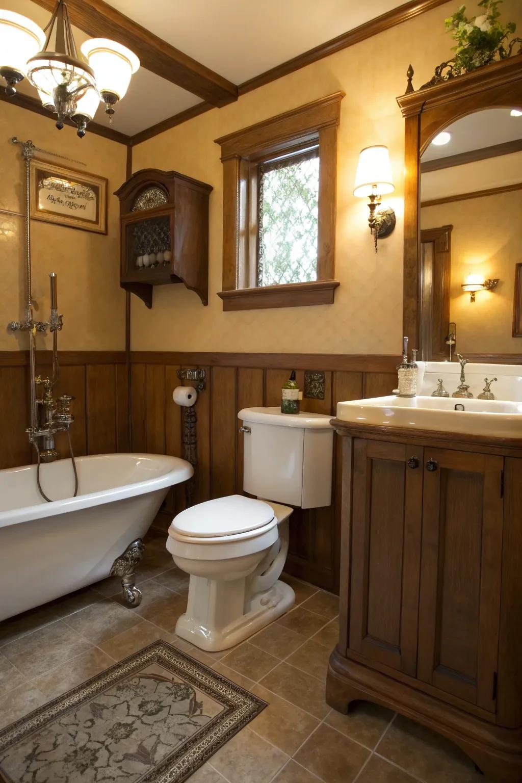 An elevated cistern commode adds historical charm.