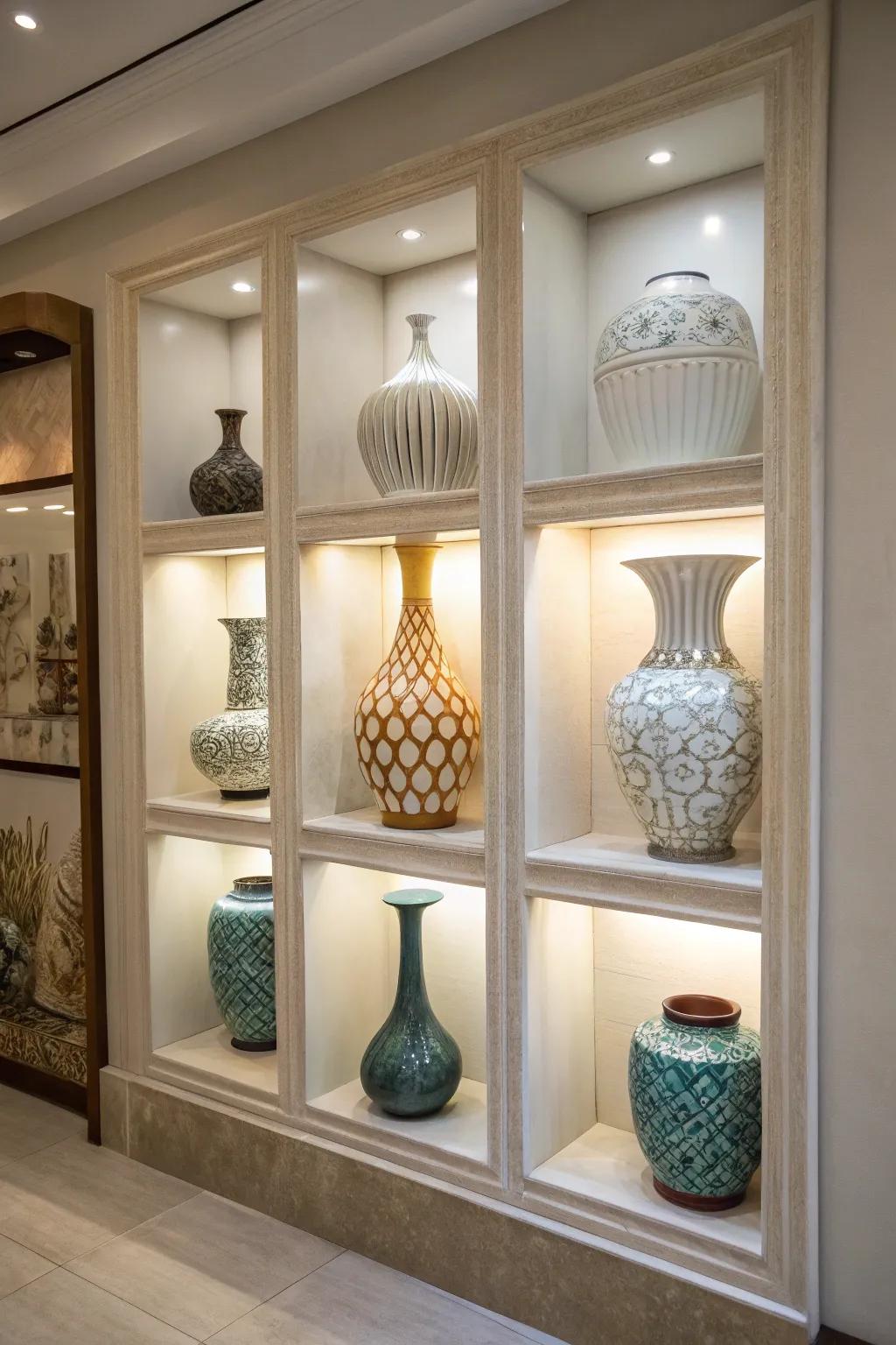 A wall niche showcasing a collection of ceramic vases for a cohesive display.