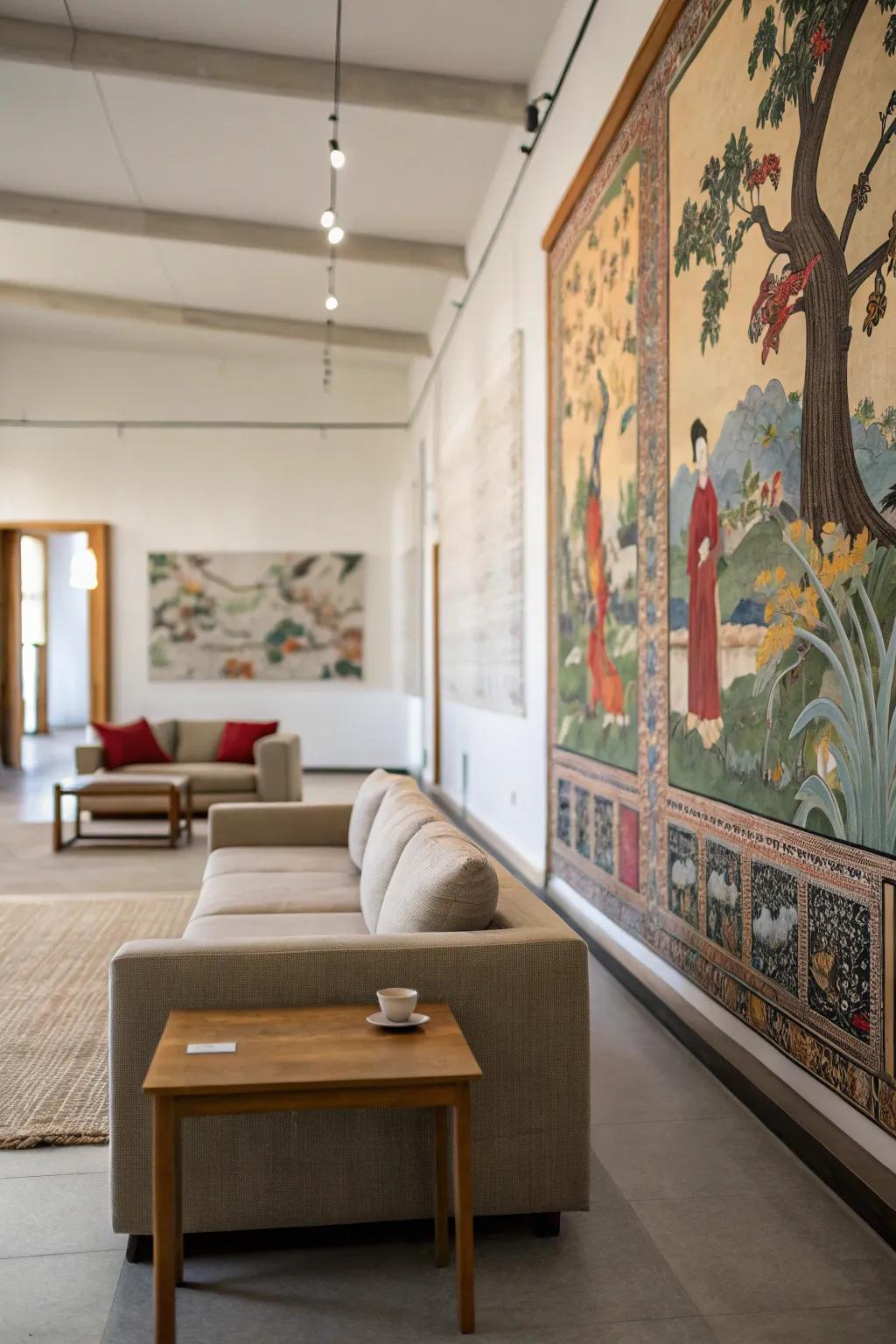 Artistic mural wallcovering turns a room into a gallery-like space.