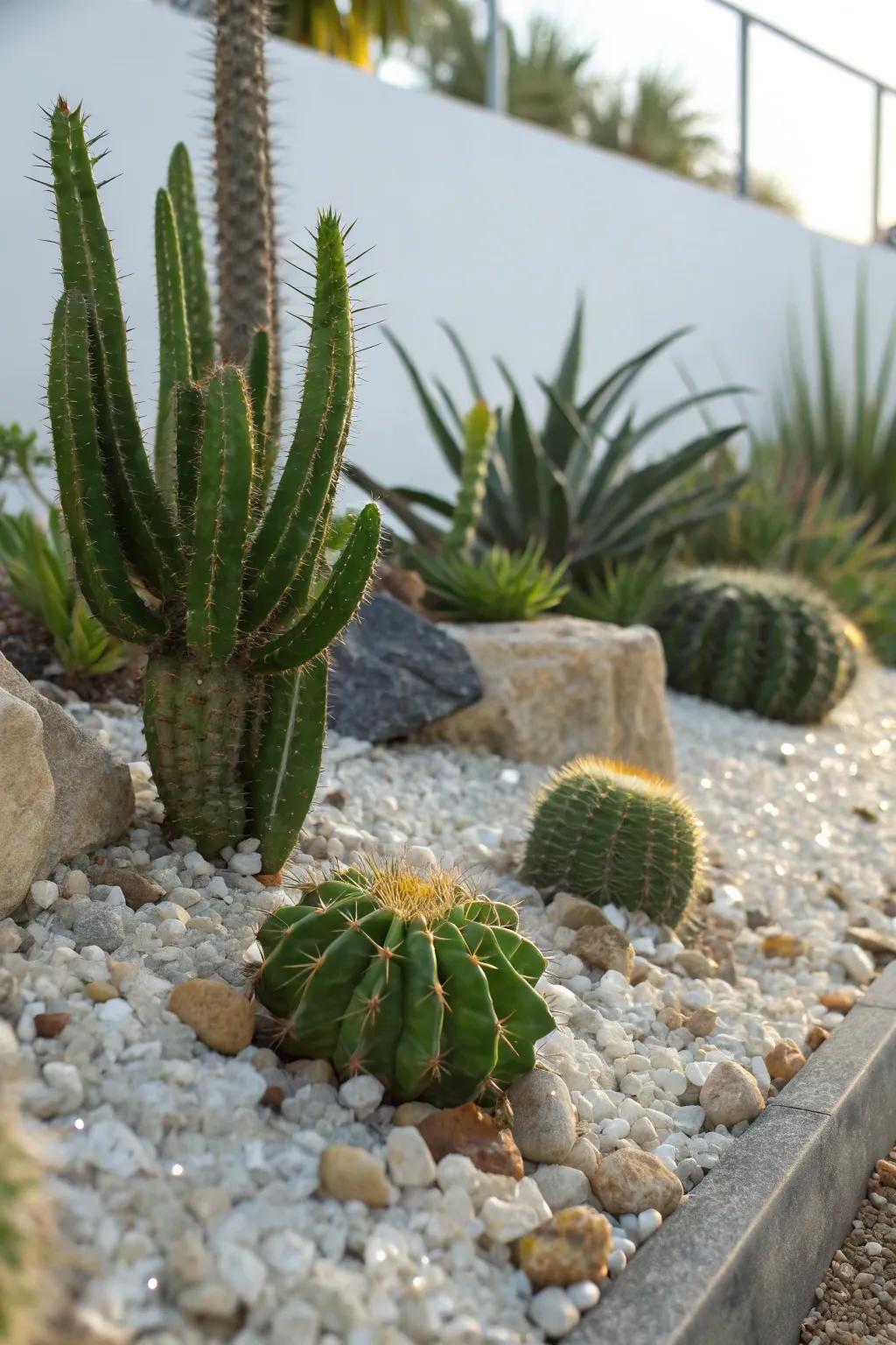 A modern desert oasis featuring cacti surrounded by crystal chips, offering a vibrant escape.