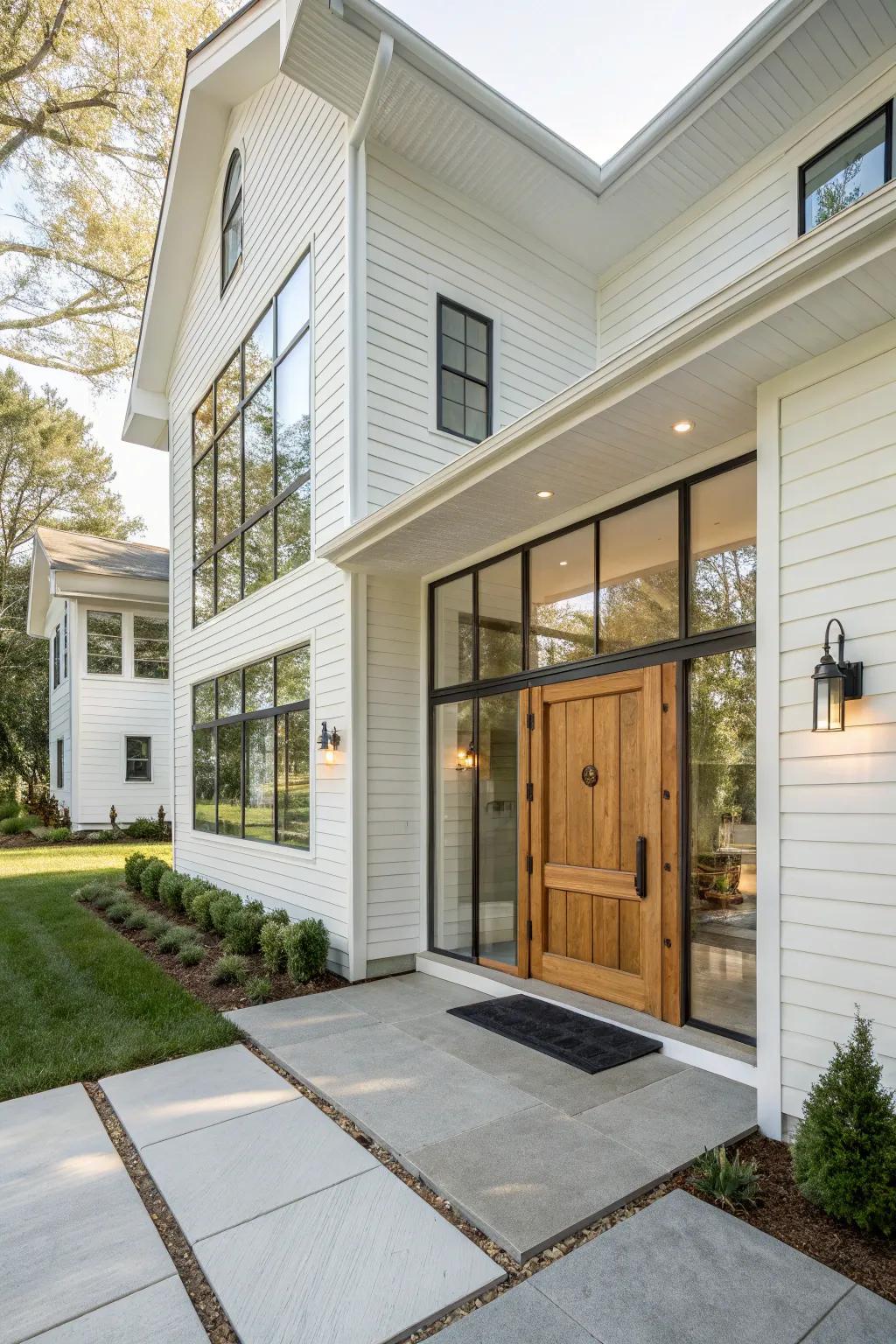 A striking modern entryway that complements the white siding.