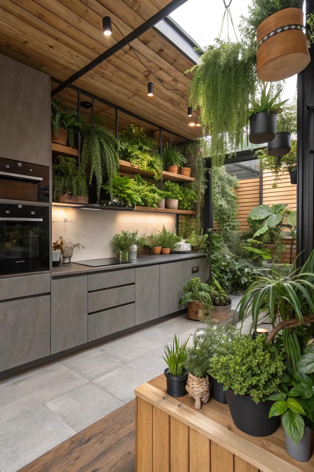 Establish a soothing atmosphere via a naturalistic kitchen blueprint.