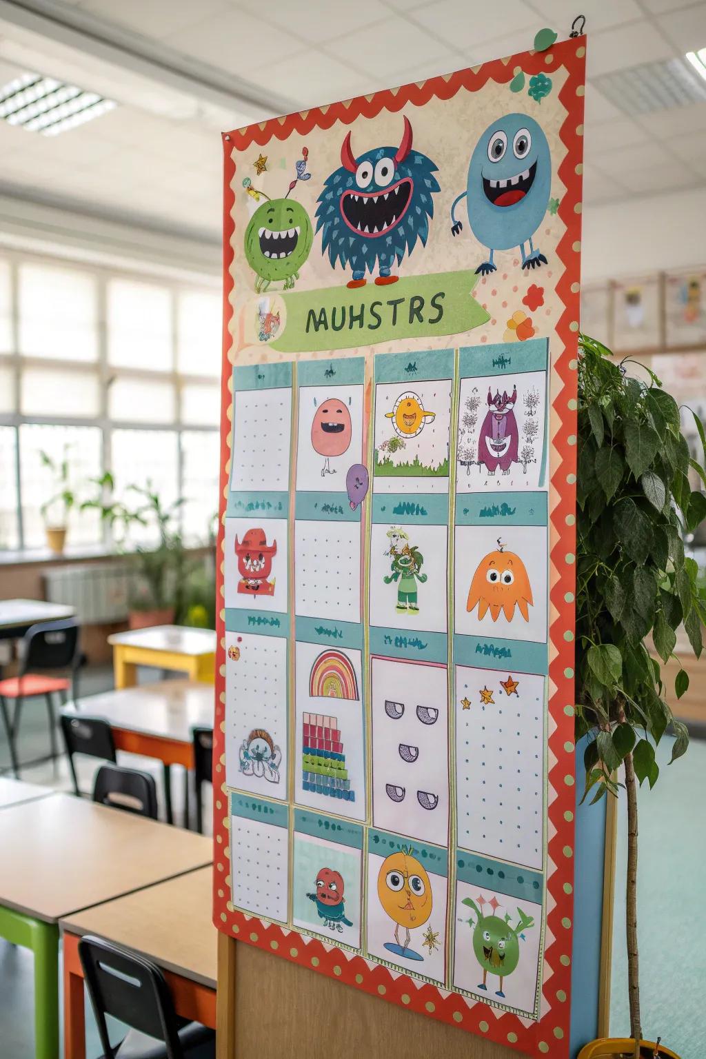 A milestone board using monsters to celebrate student achievements.