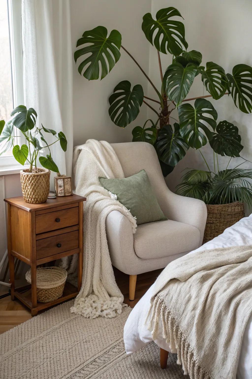 A serene bedroom sanctuary emphasized with split-leaf philodendron fronds.