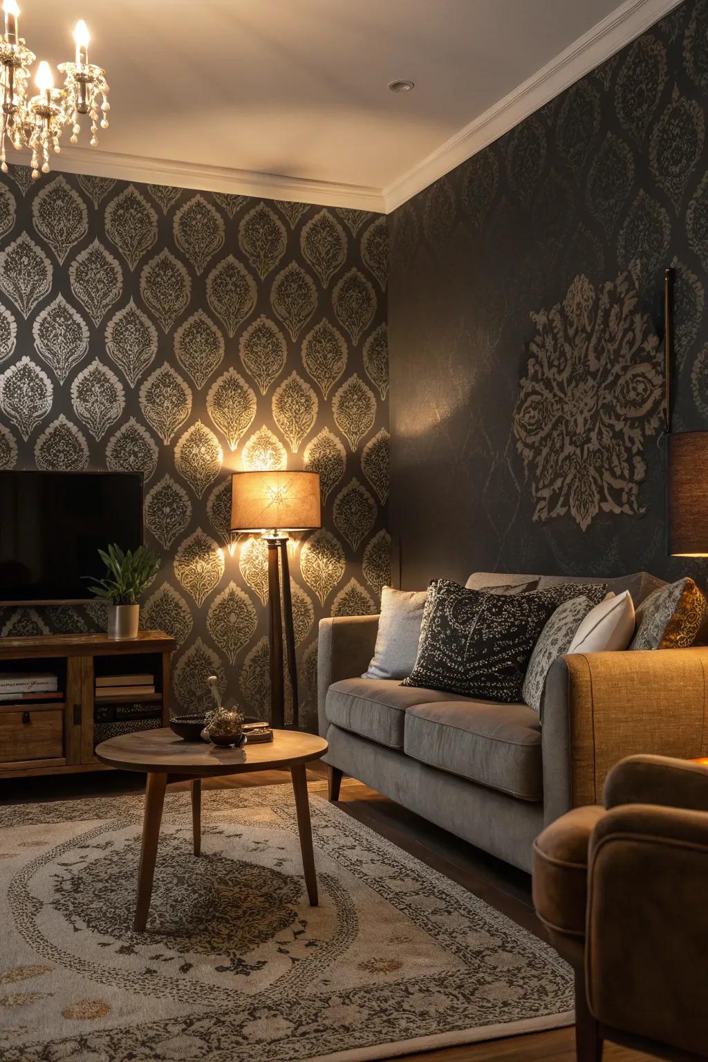 Dark wall covering introducing intrigue to a shadowy living area.