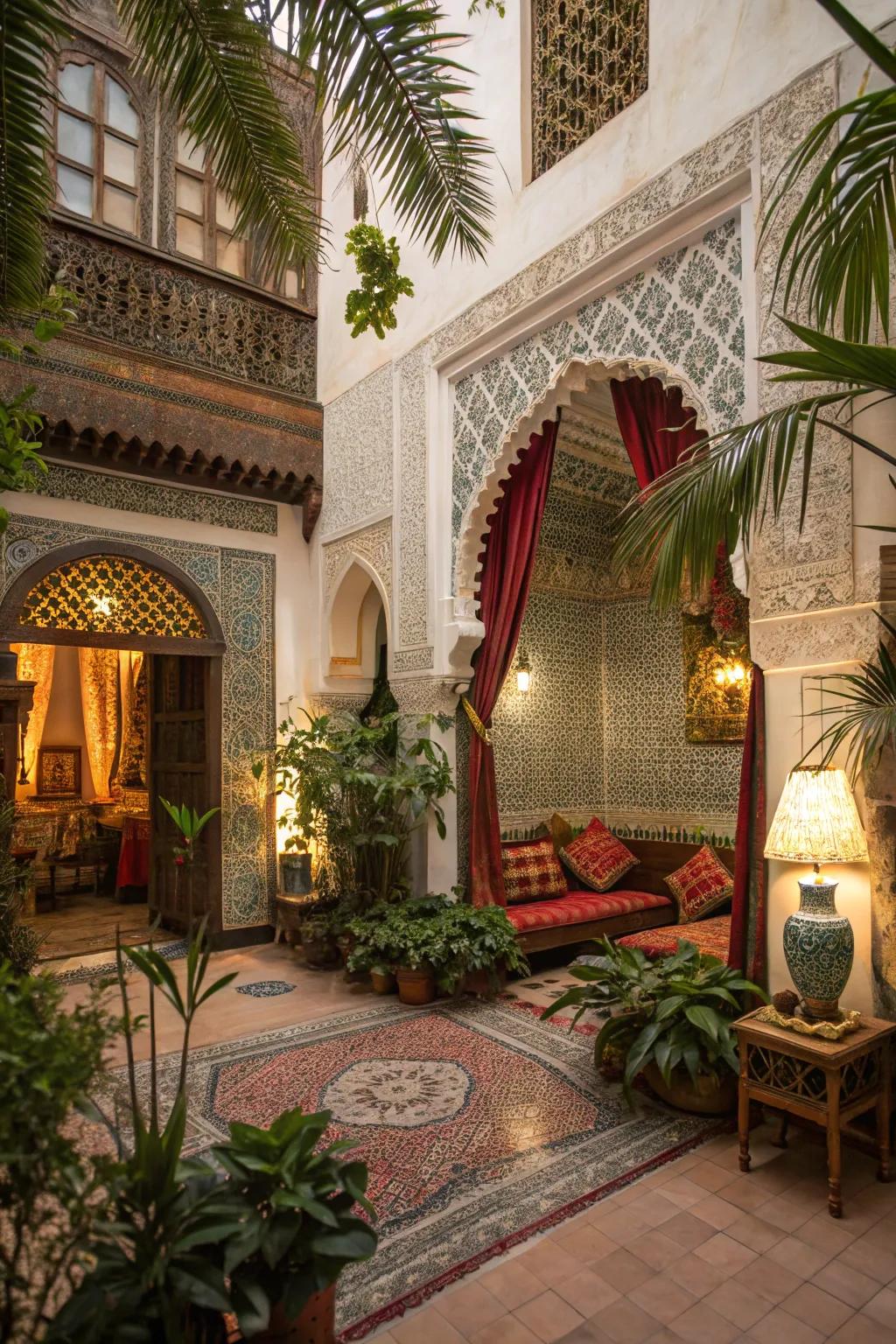 Exotic plants infuse life and freshness into Moroccan interiors.