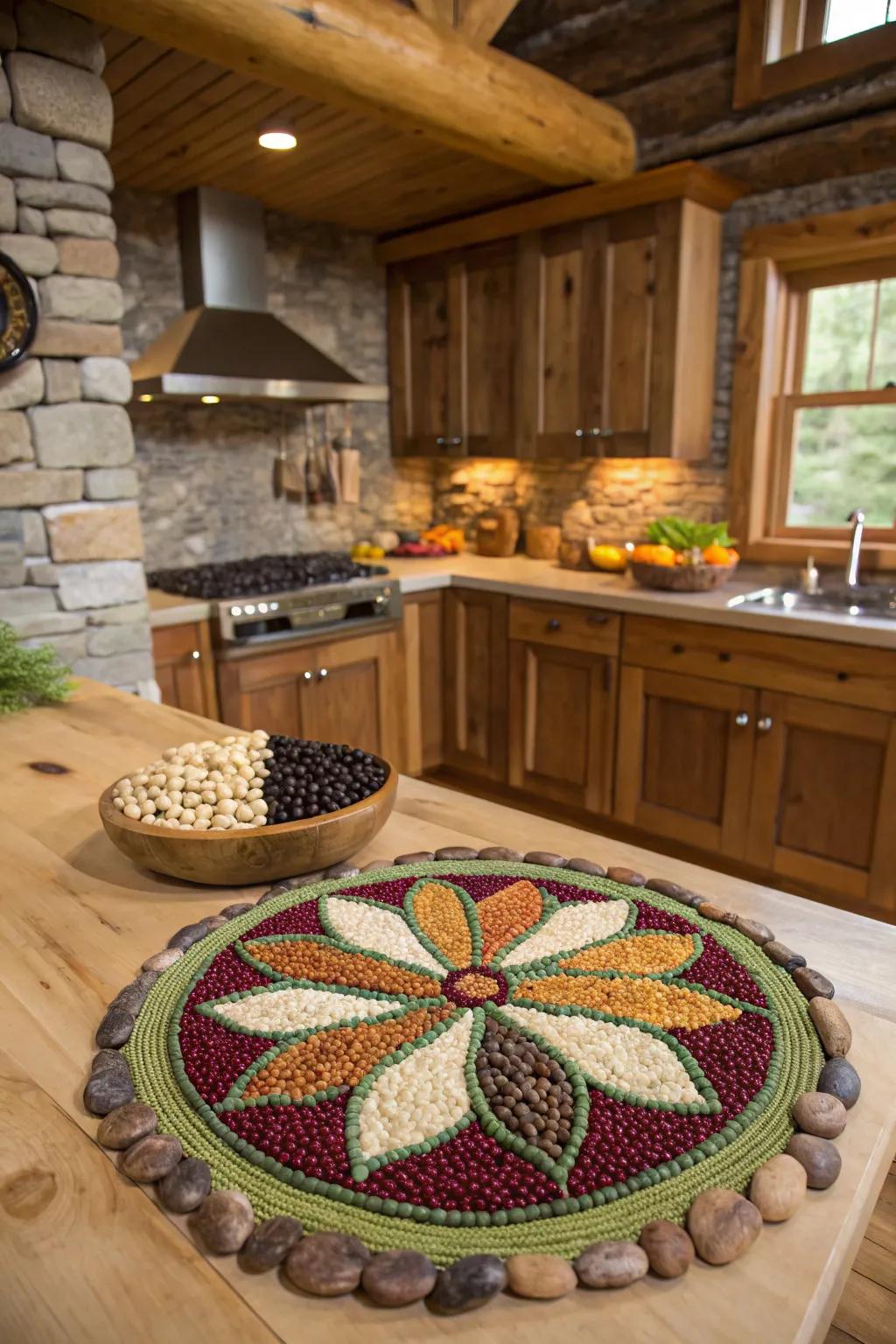 Beans and seeds offer a natural, earthy texture to mosaics.