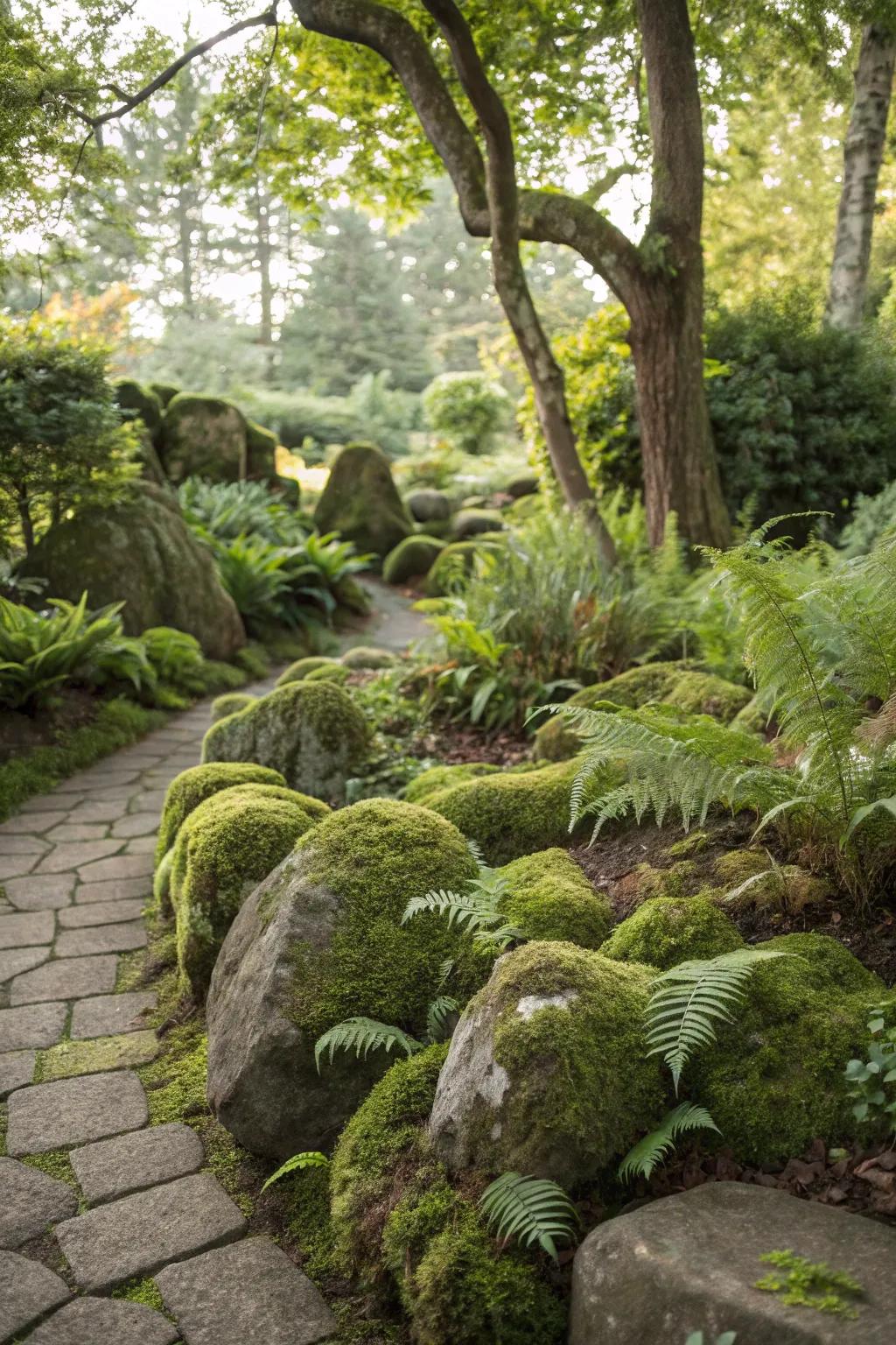 A lush garden bed combining moss rocks and vibrant ferns.