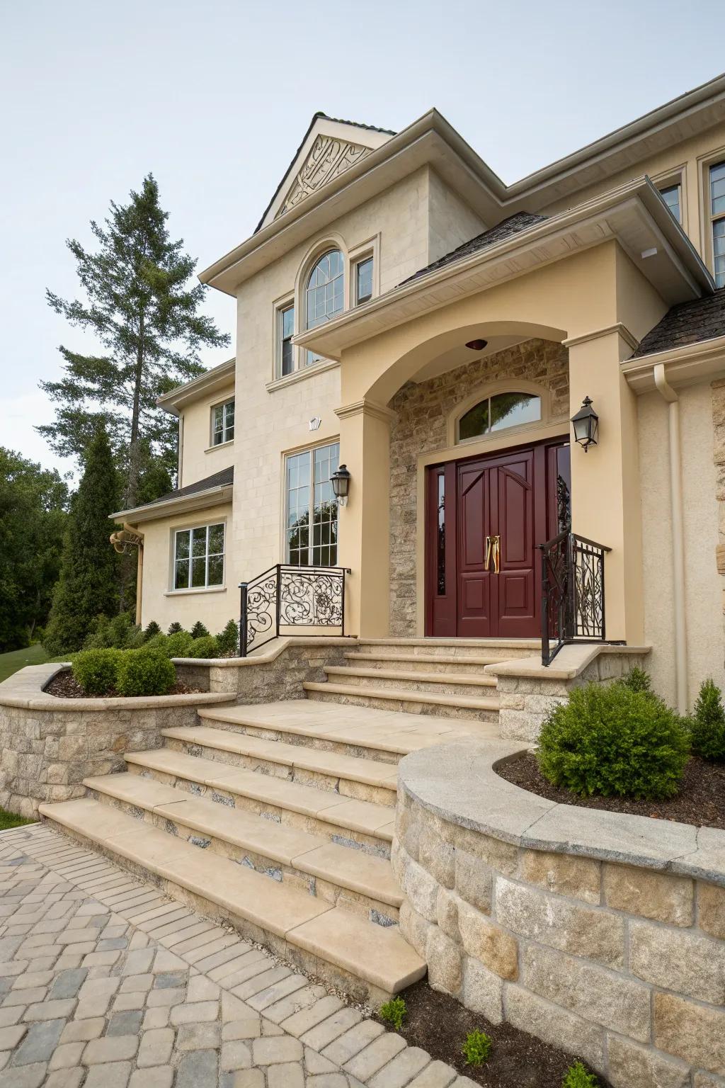 A wine entrance adds a touch of luxury to a beige house.