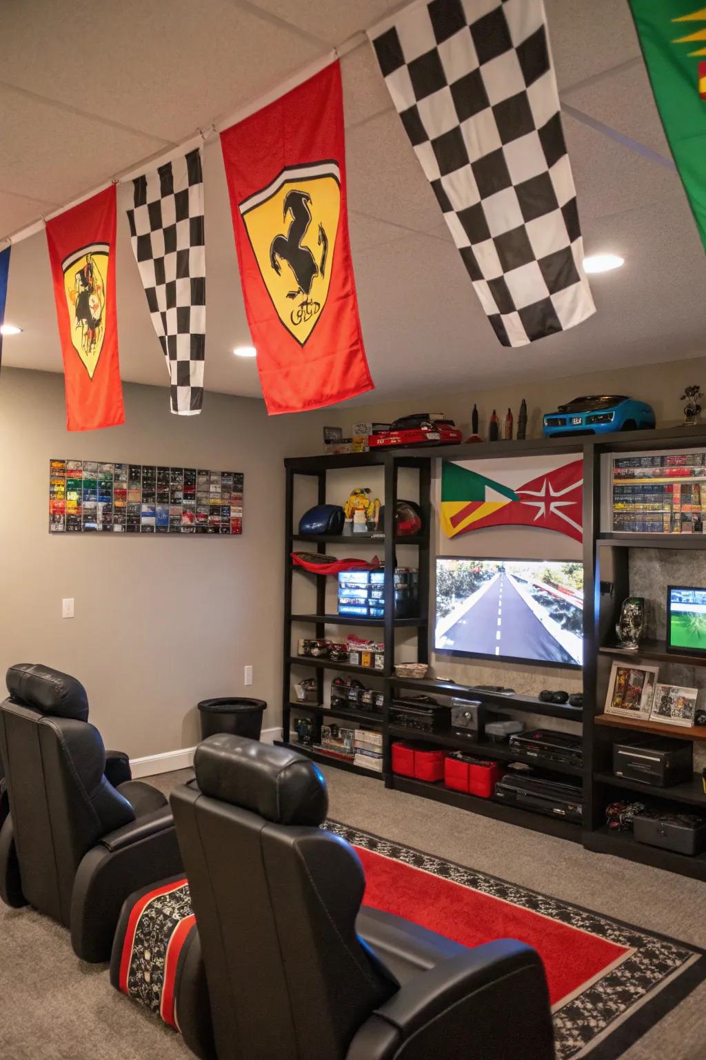 Racing pennants as vibrant accents in a game room.