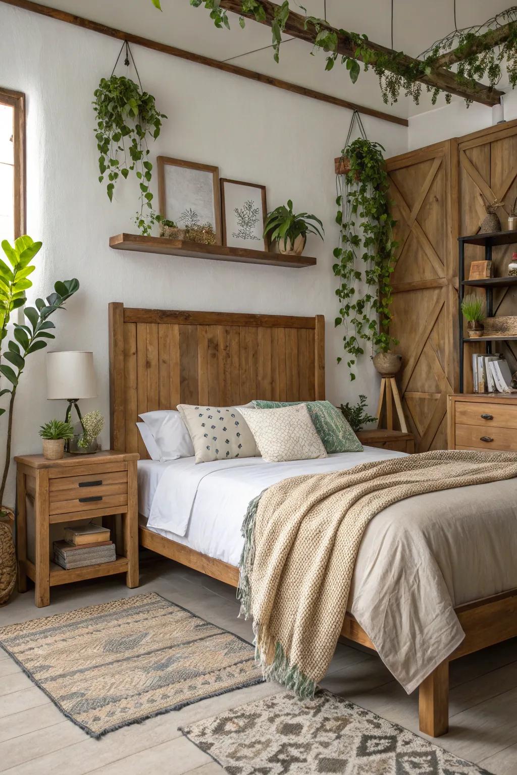 A striking bedroom with a bespoke timber headboard as a focal point.