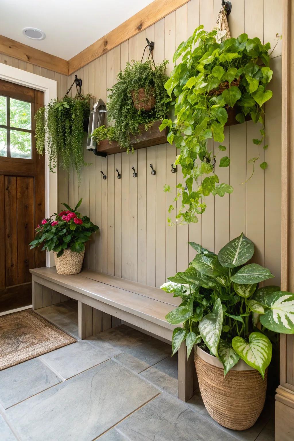 A fresh mudroom bench featuring vibrant greenery.