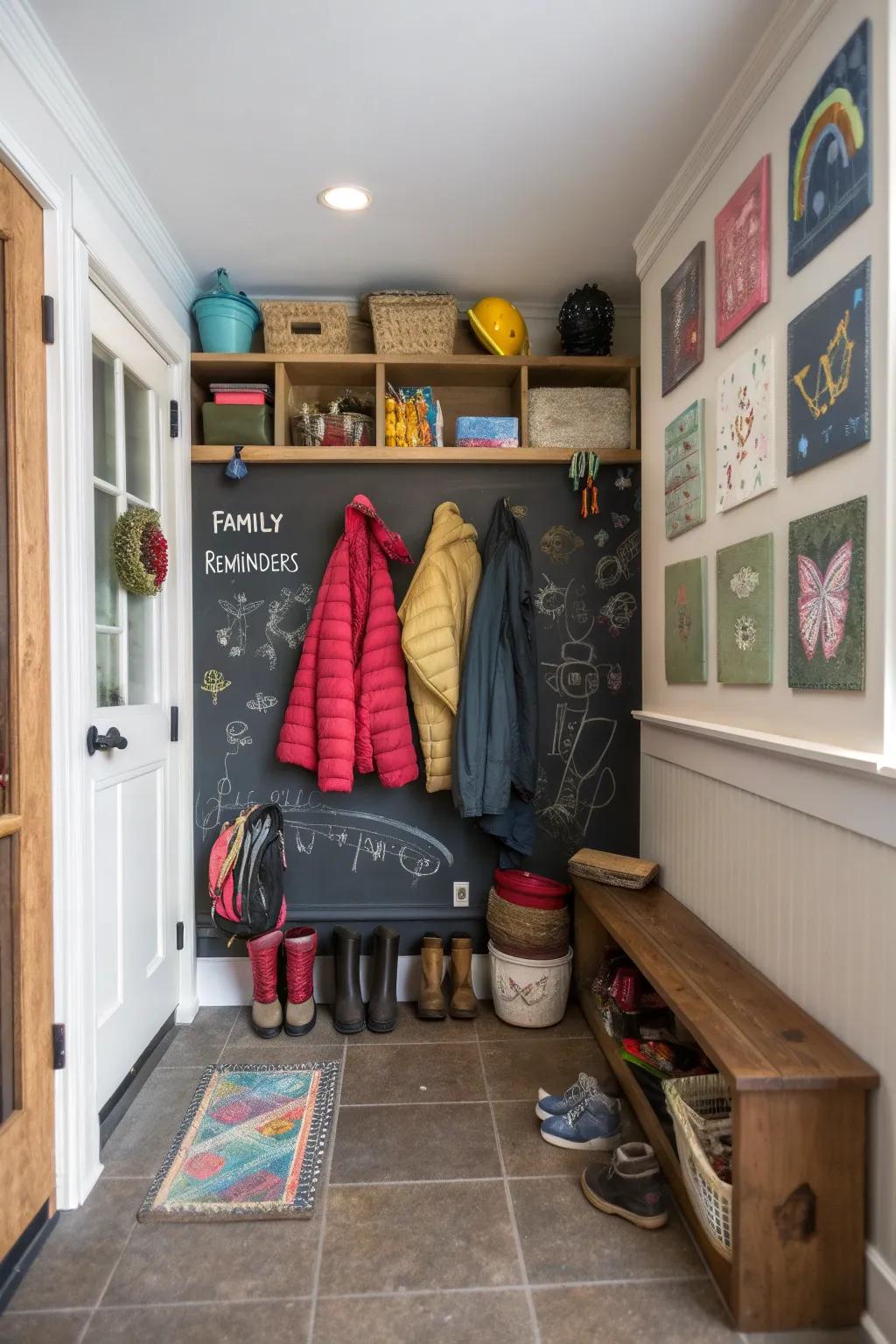 A blackboard surface is a practical and enjoyable addition for family organization.