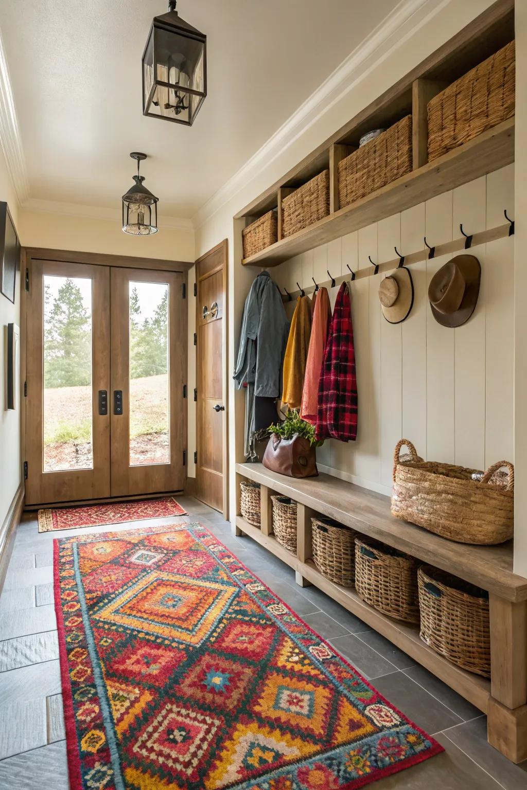 A mudroom features a show-stopping rug that adds texture and personality.
