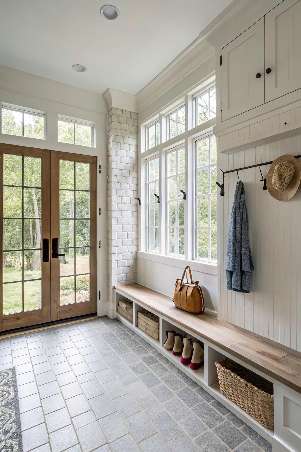 Sunlight-boosting tiles creating an airy mudroom