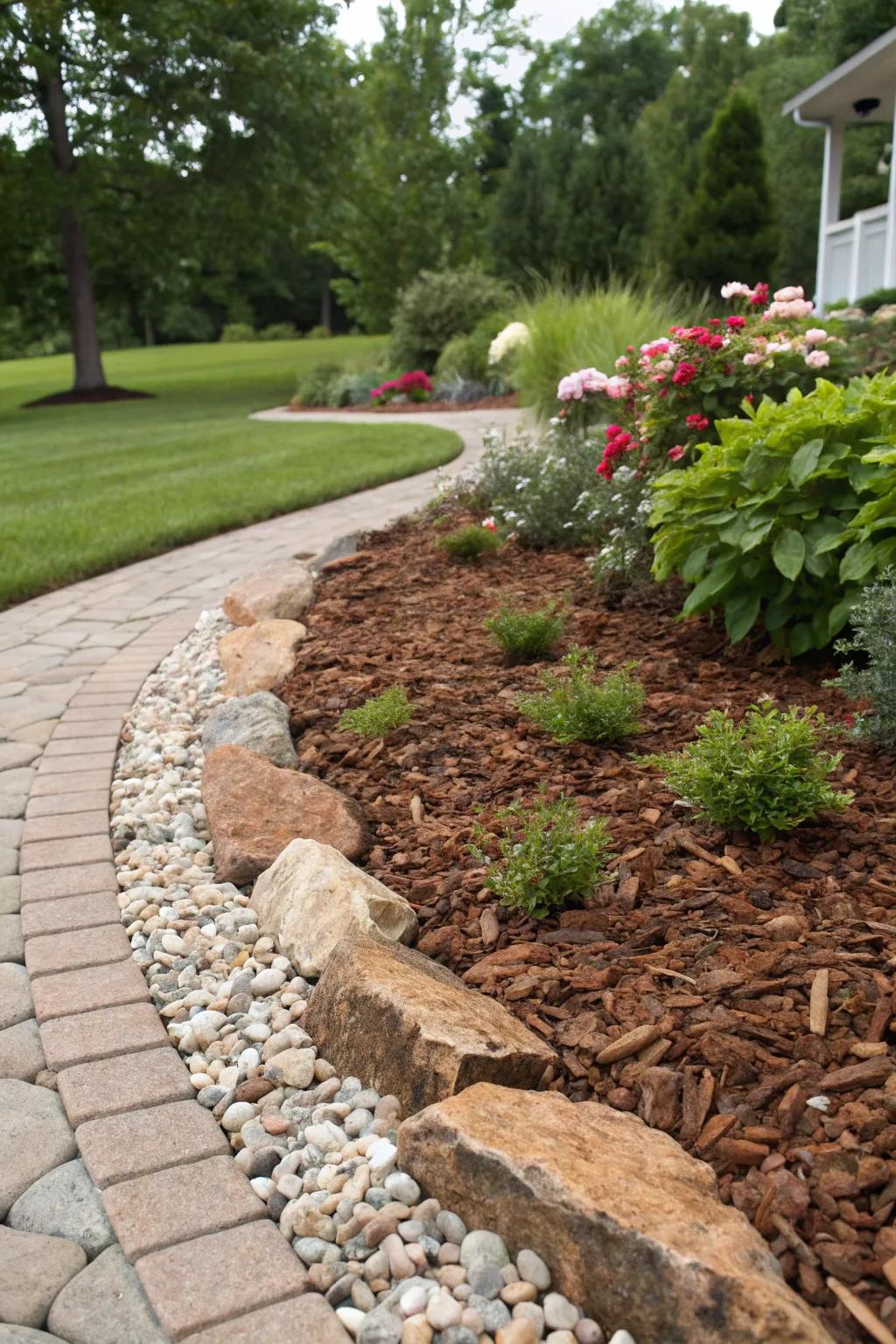 Elegant gravel introduces texture to mulch perimeters.