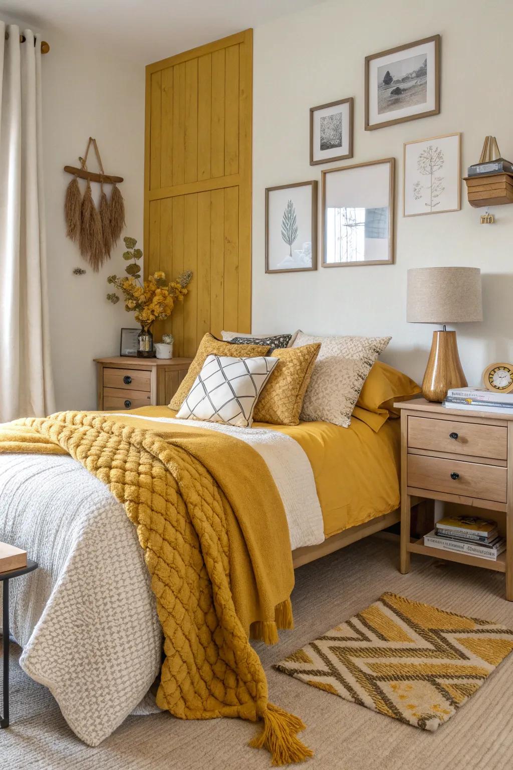 A bedroom using monochrome yellow design and different feels.