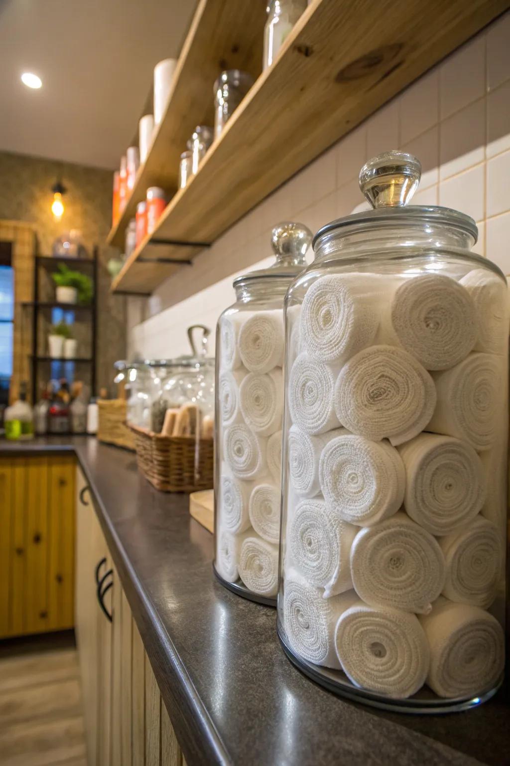 Glass jars present a vintage and efficient solution for napkin storage.