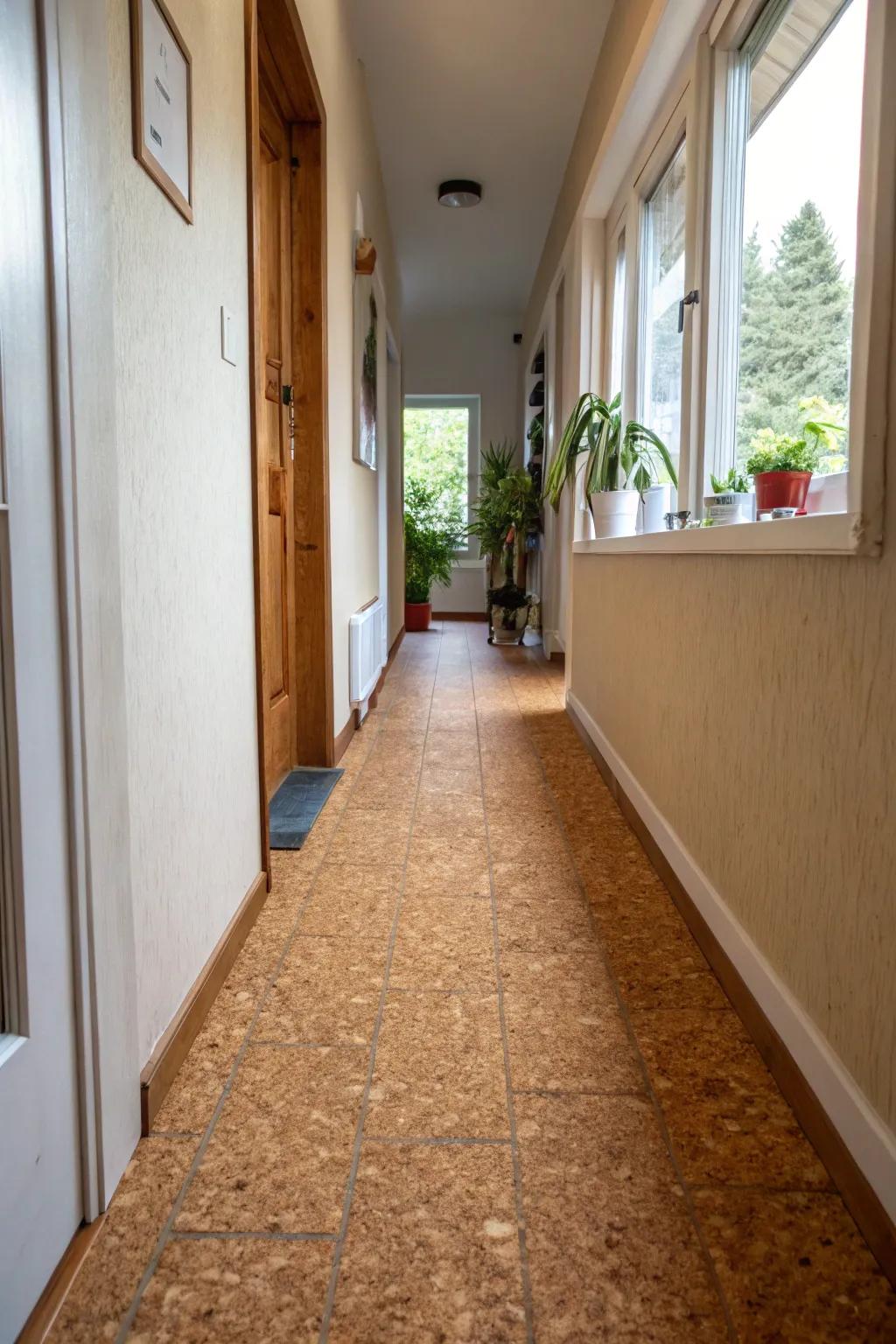 Corky floor covering provides a soft and eco-friendly choice for narrow hallways.