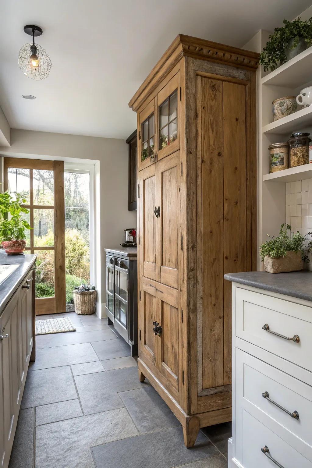 Revamped vintage furniture adding character and storage to a slim kitchen.