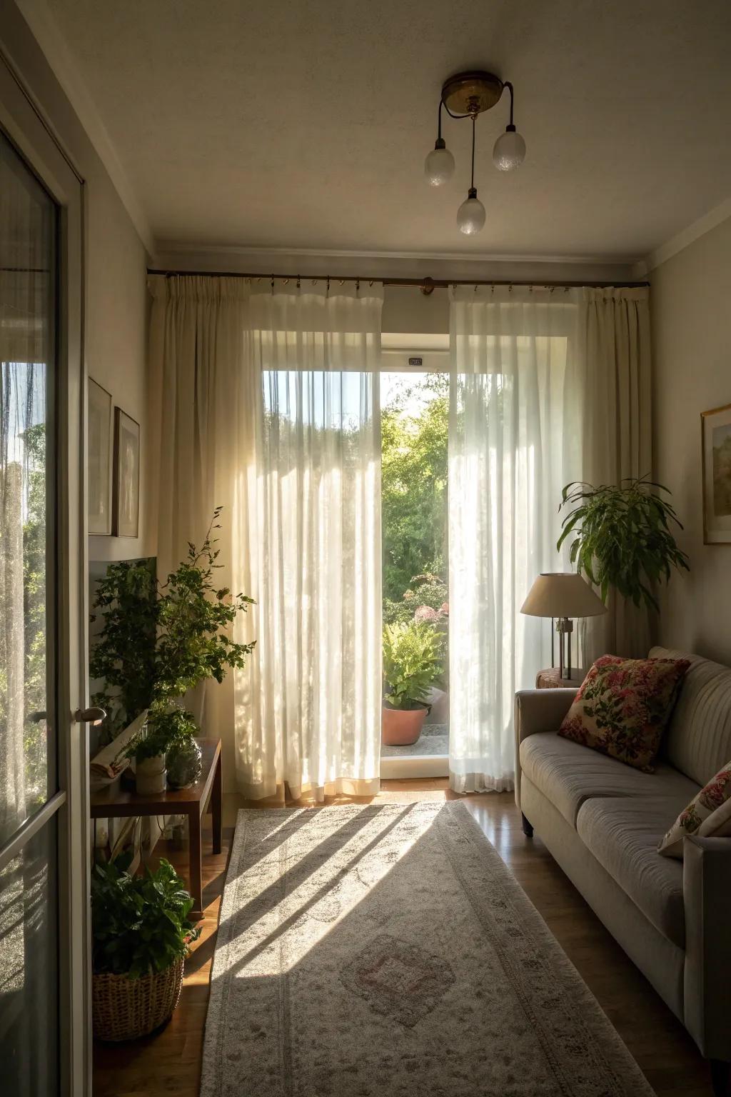Subtle curtains allowing sunlight to brighten up a slender living area.