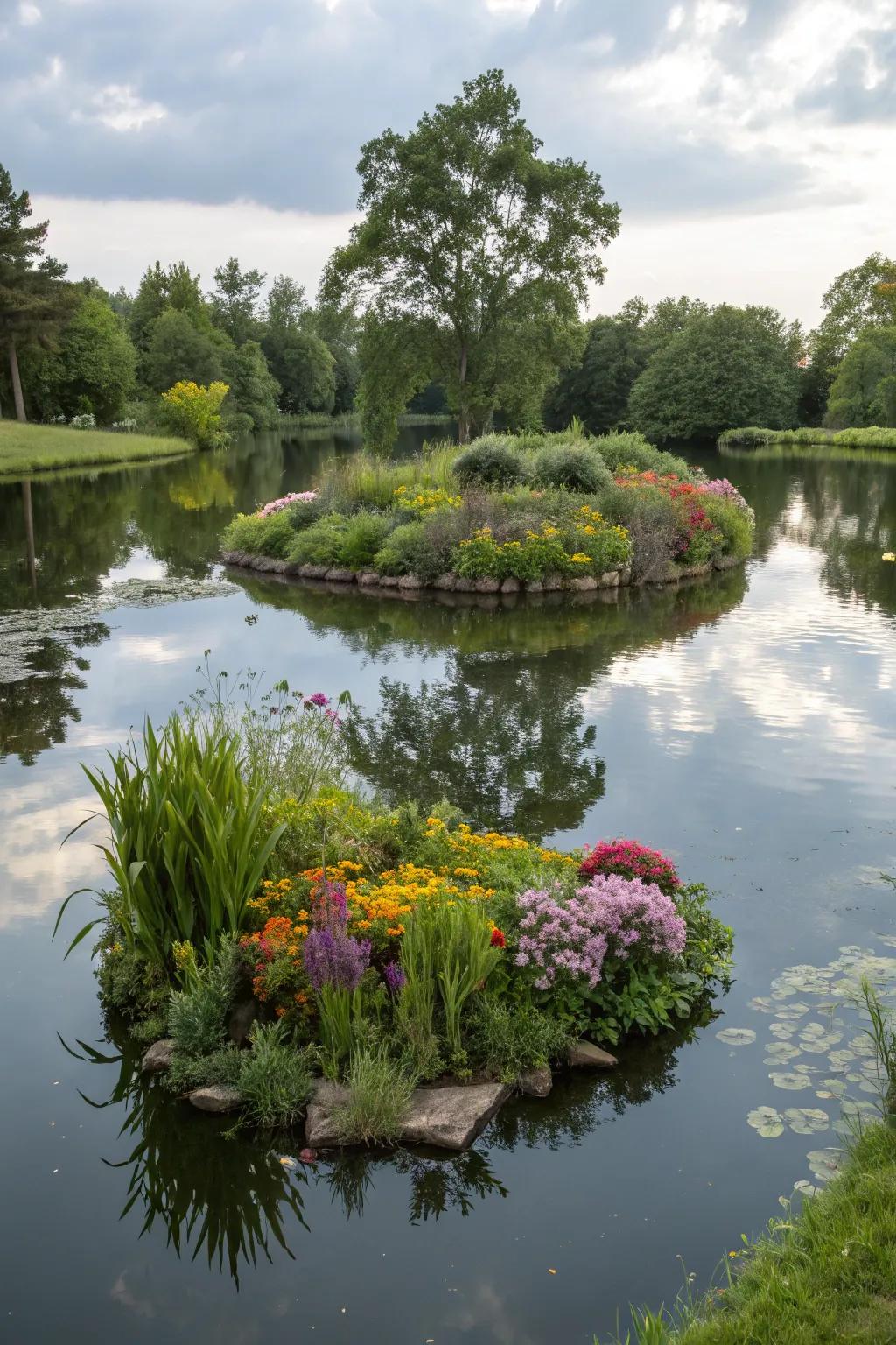 A buoyant isle fashioning a dynamic and engaging pond feature.