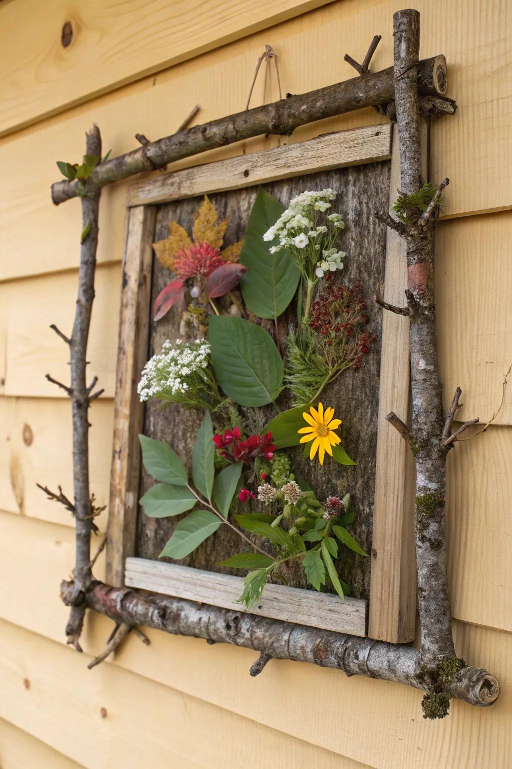 A rustic surround collage utilizing small branches and bark.