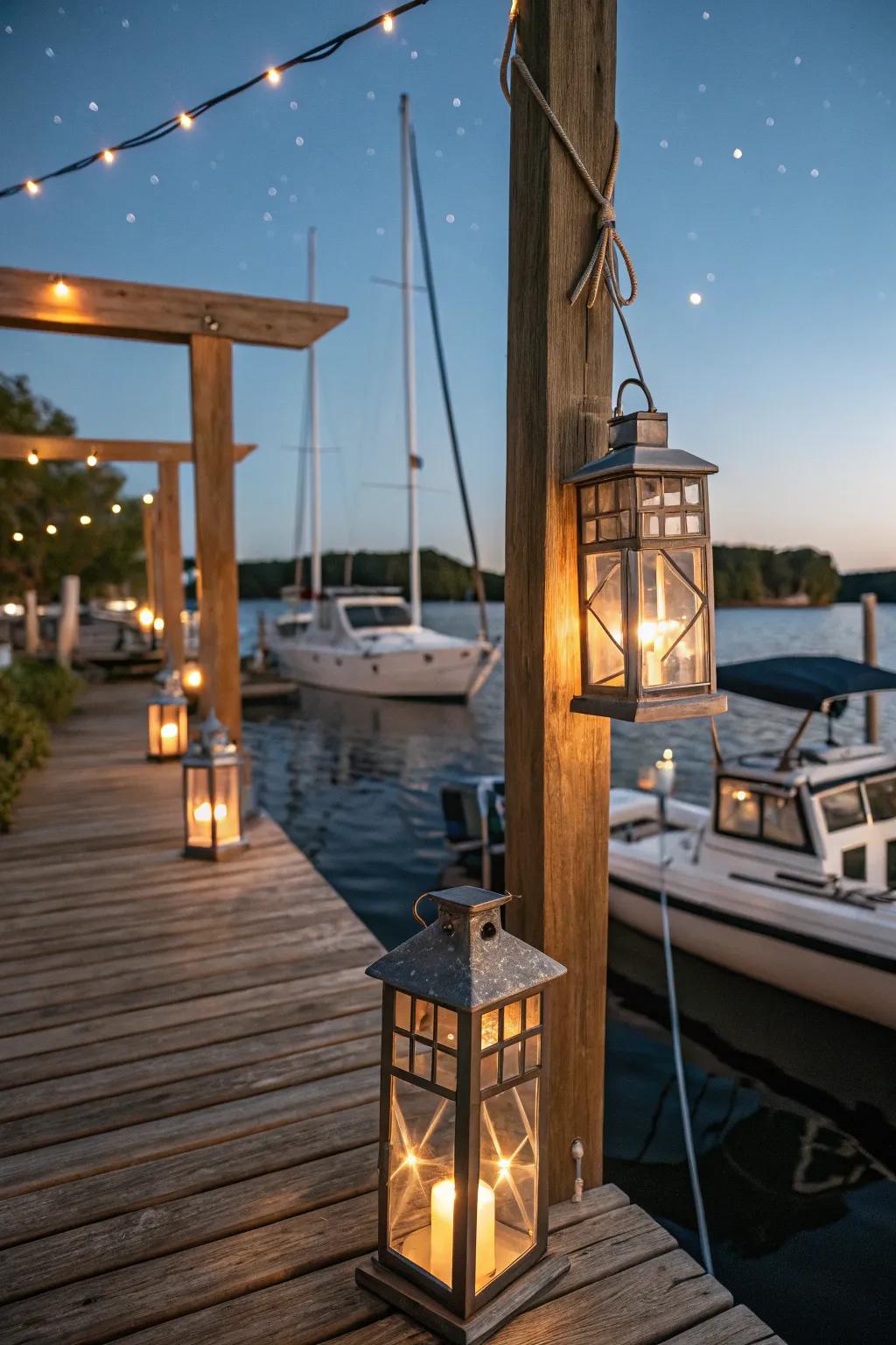 Dockside lights fashion a snug evening ambiance.