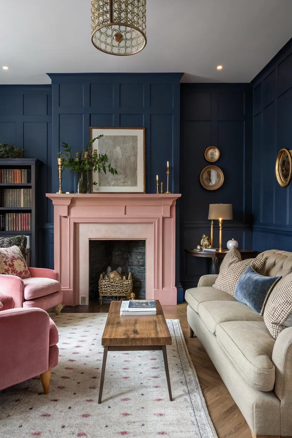 A pink fireplace serves as a bold focal point in the living room.