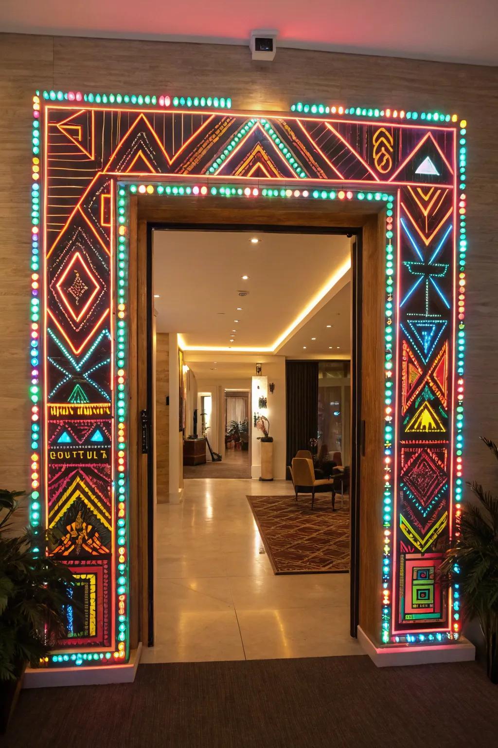 Cultural richness with neon patterns.