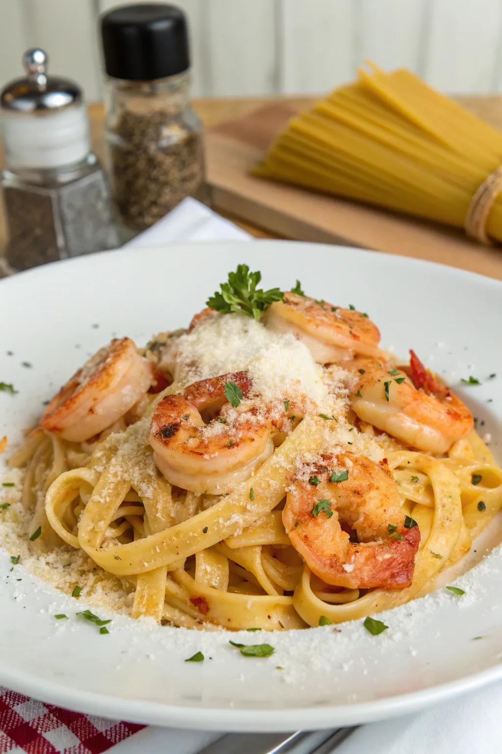 Spiced prawn pasta, delivering a kick of flavor to your New Year's Day feast.